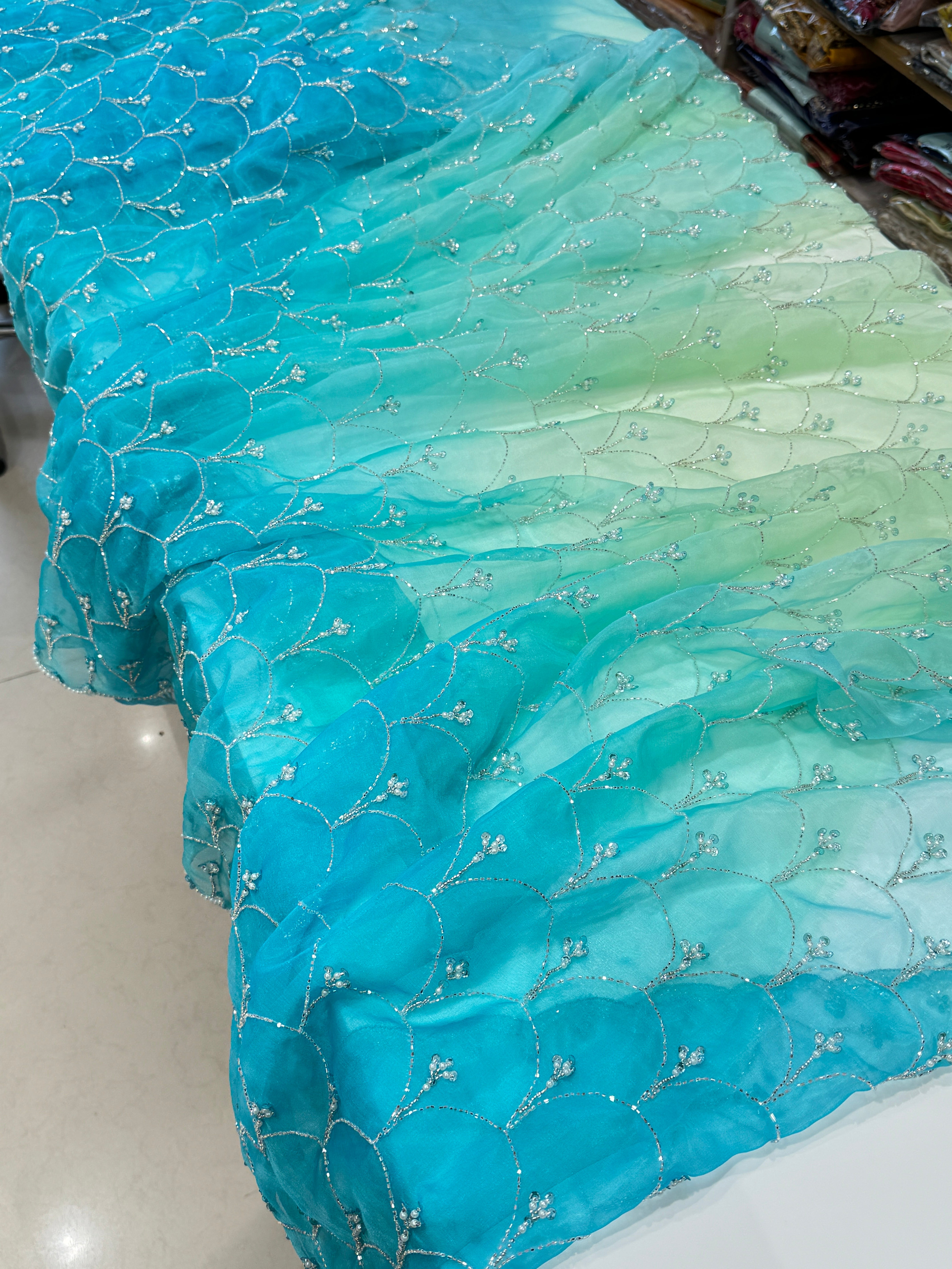 Shaded Blue Organza Moti Sequin Hand Embroidery Saree