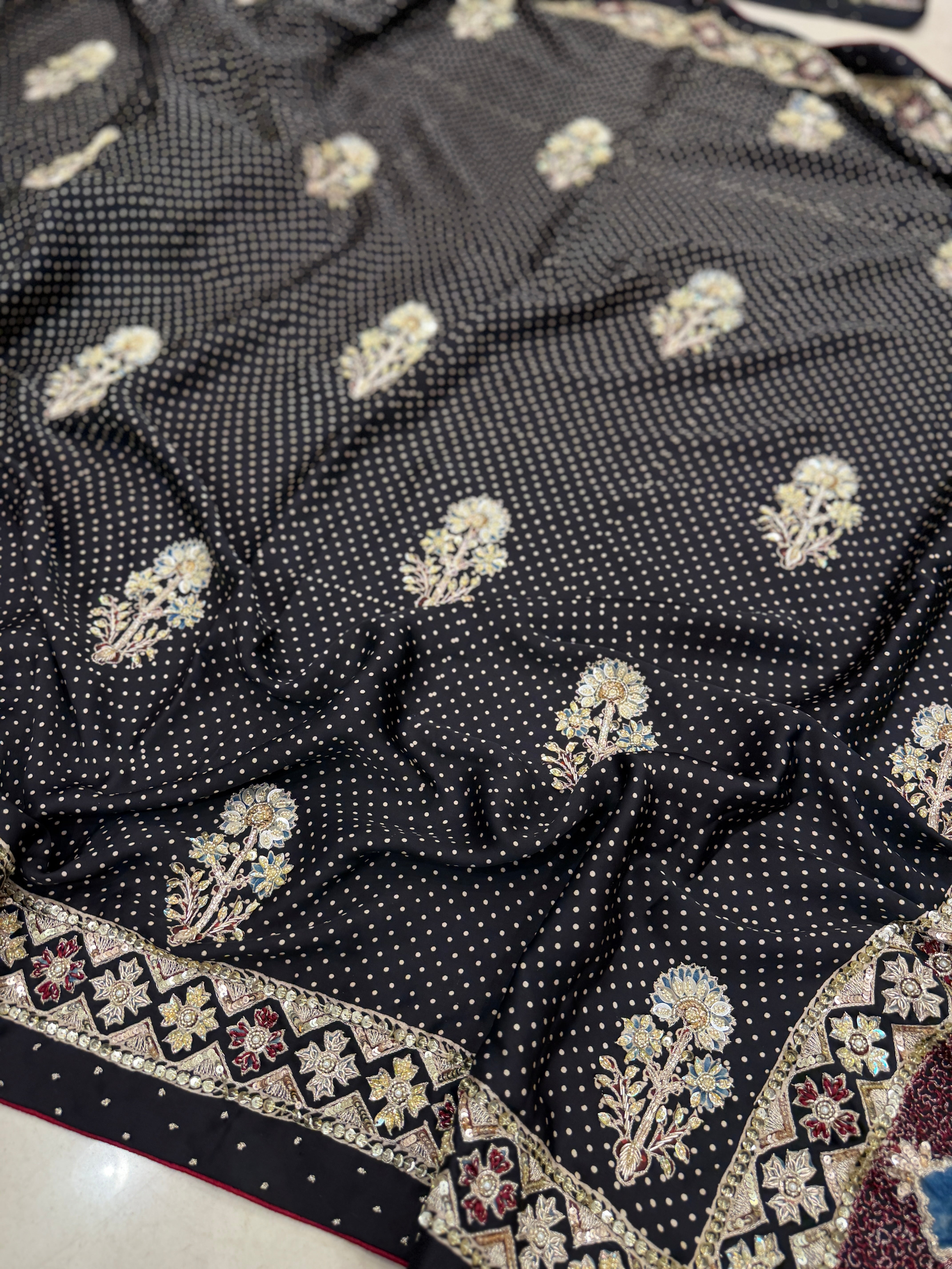 Black Buttas Pita Zardosi Sequin Ajrakh Hand Embroidery Saree