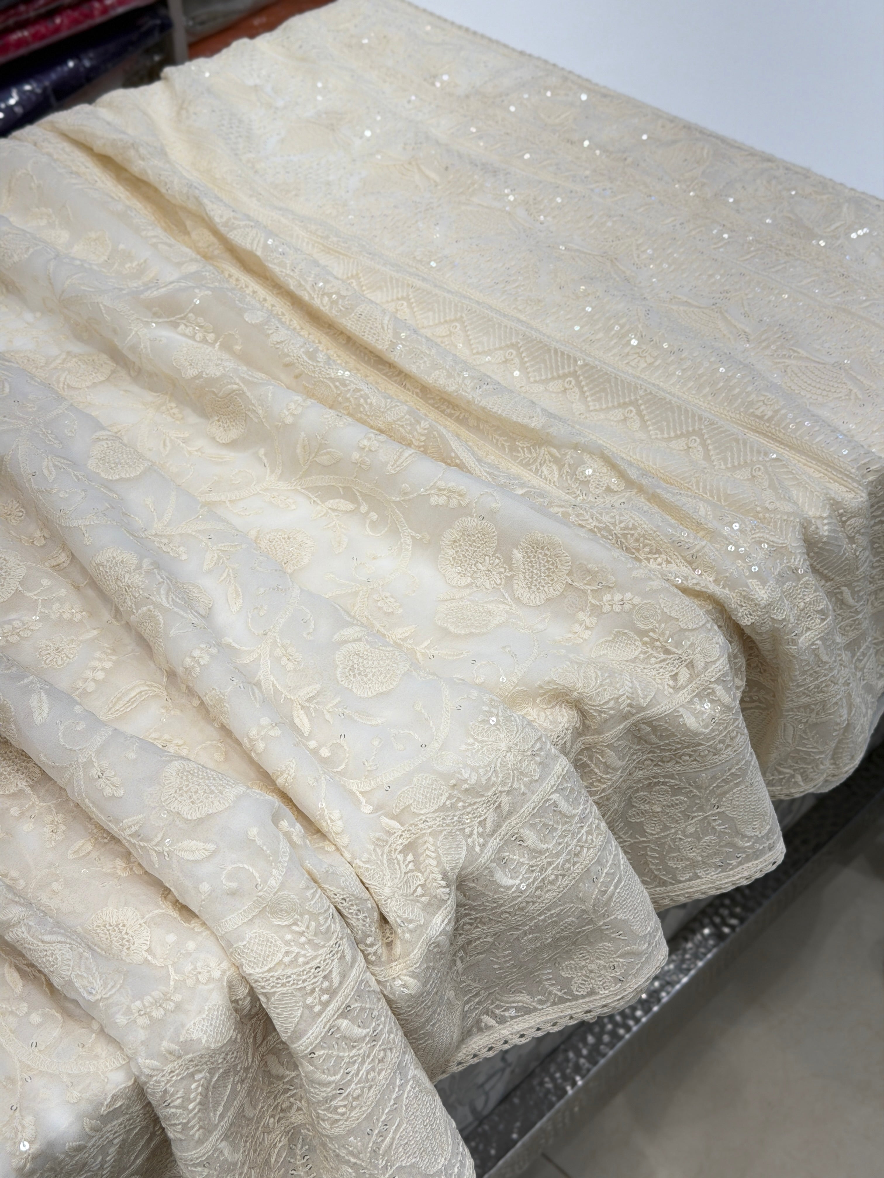 White Chikankari Georgette Jaal Resham Sequin Embroidery Saree
