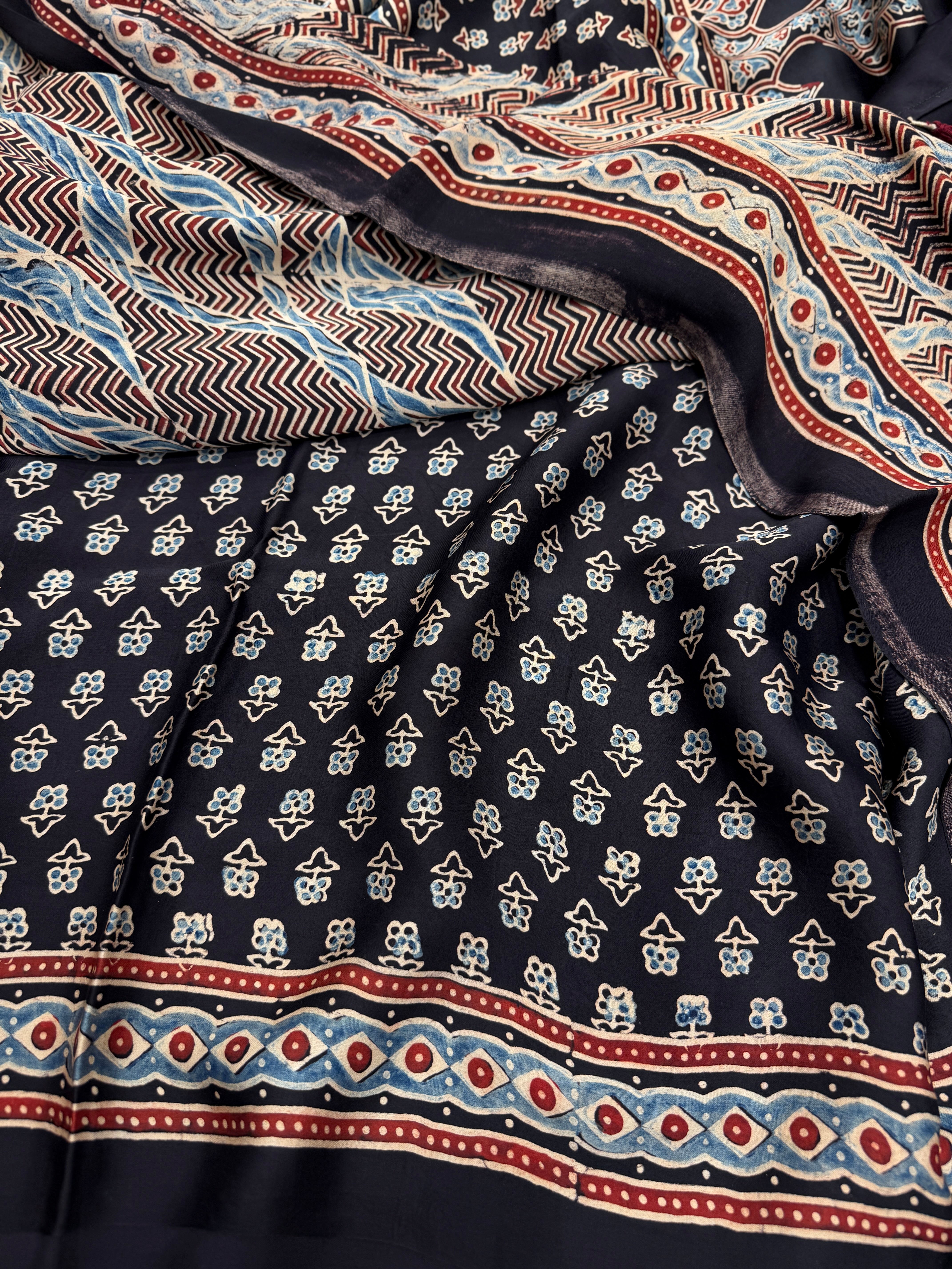 Black Blue Modern Style Ajrakh Hand Block Print Pure Modal Silk Saree