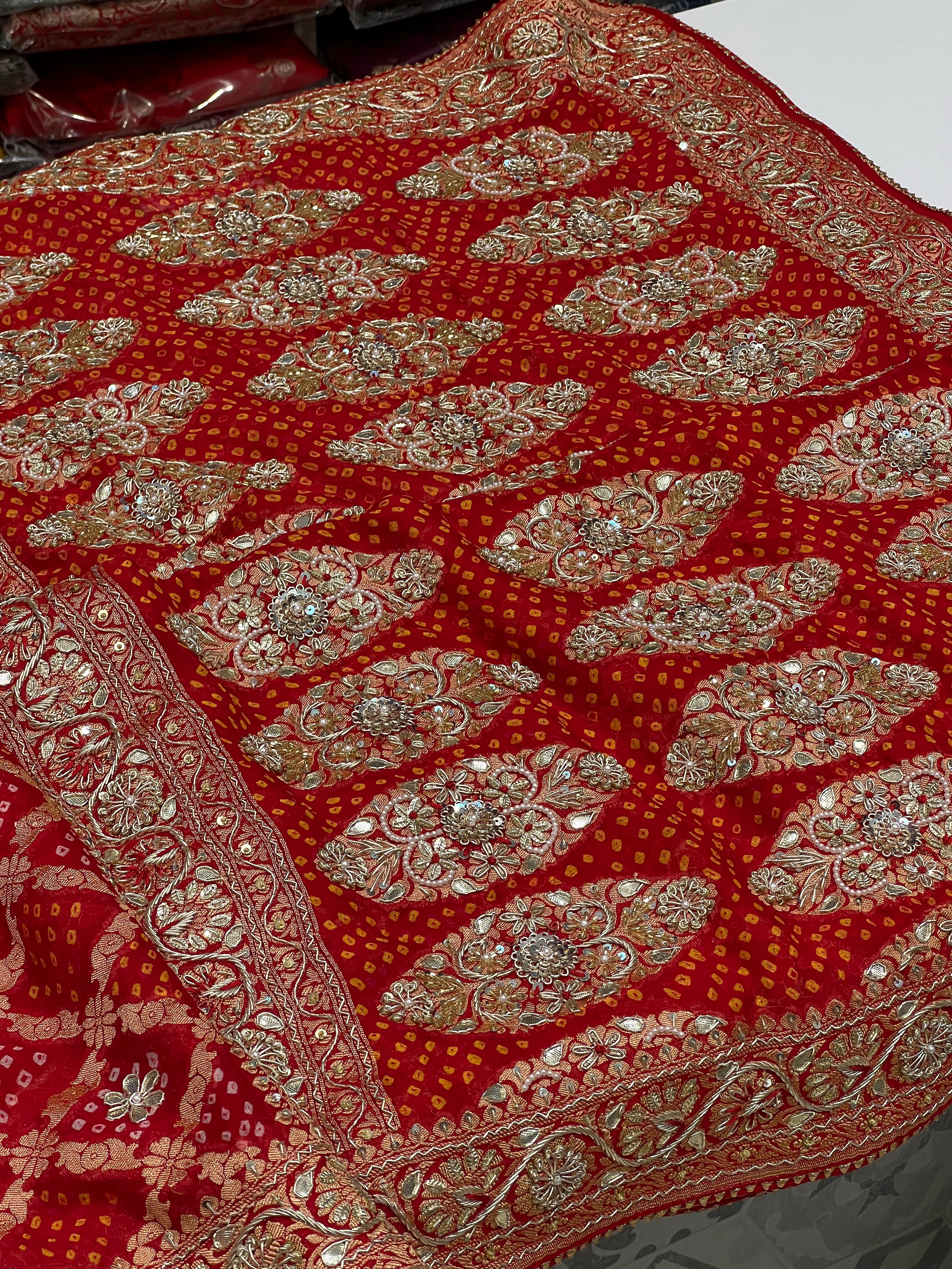 Red Bandhej Resham Zardozi Hand Embroidery Saree