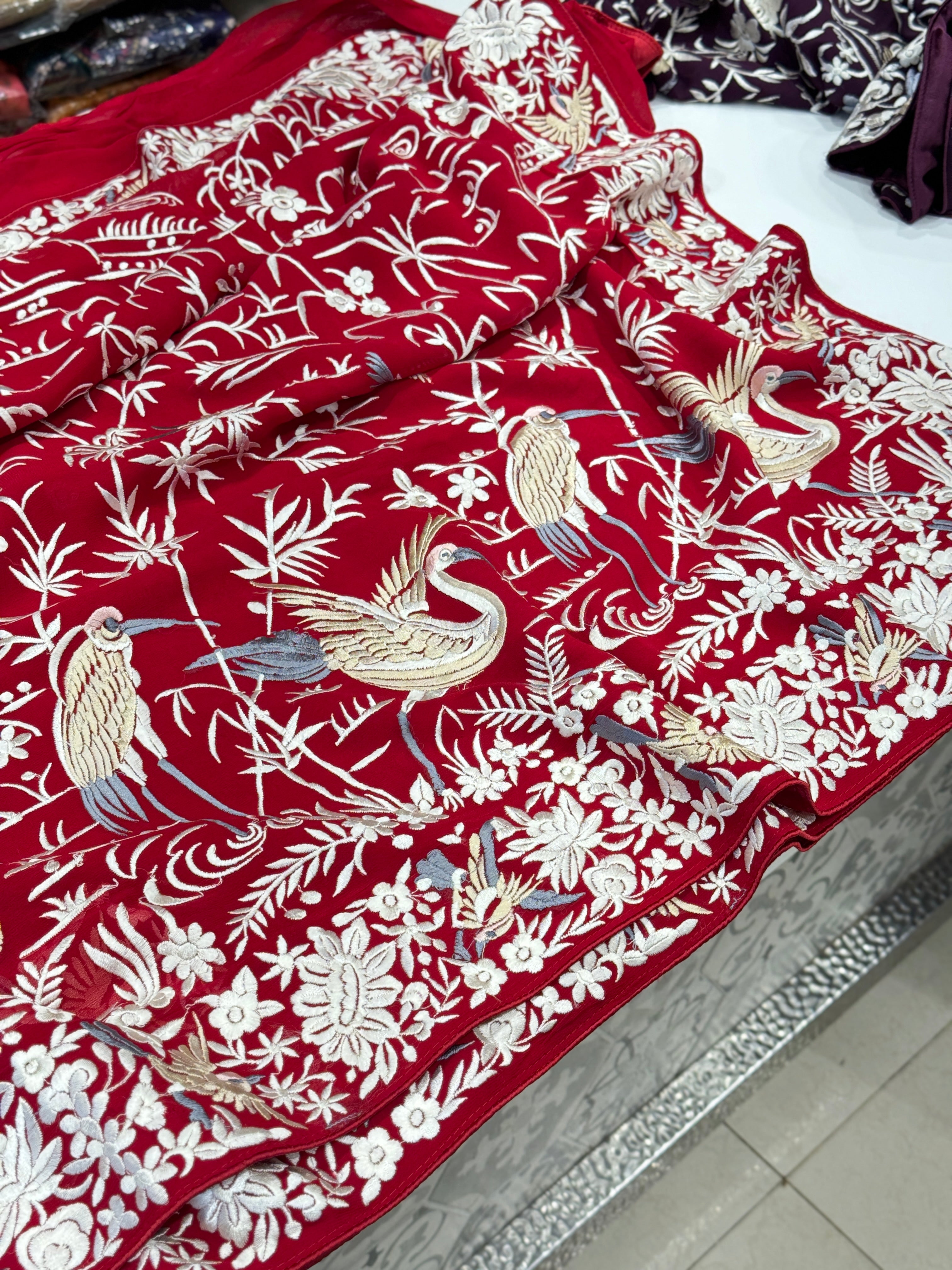 Red Georgette Parsi Gara with Bird Embroidery