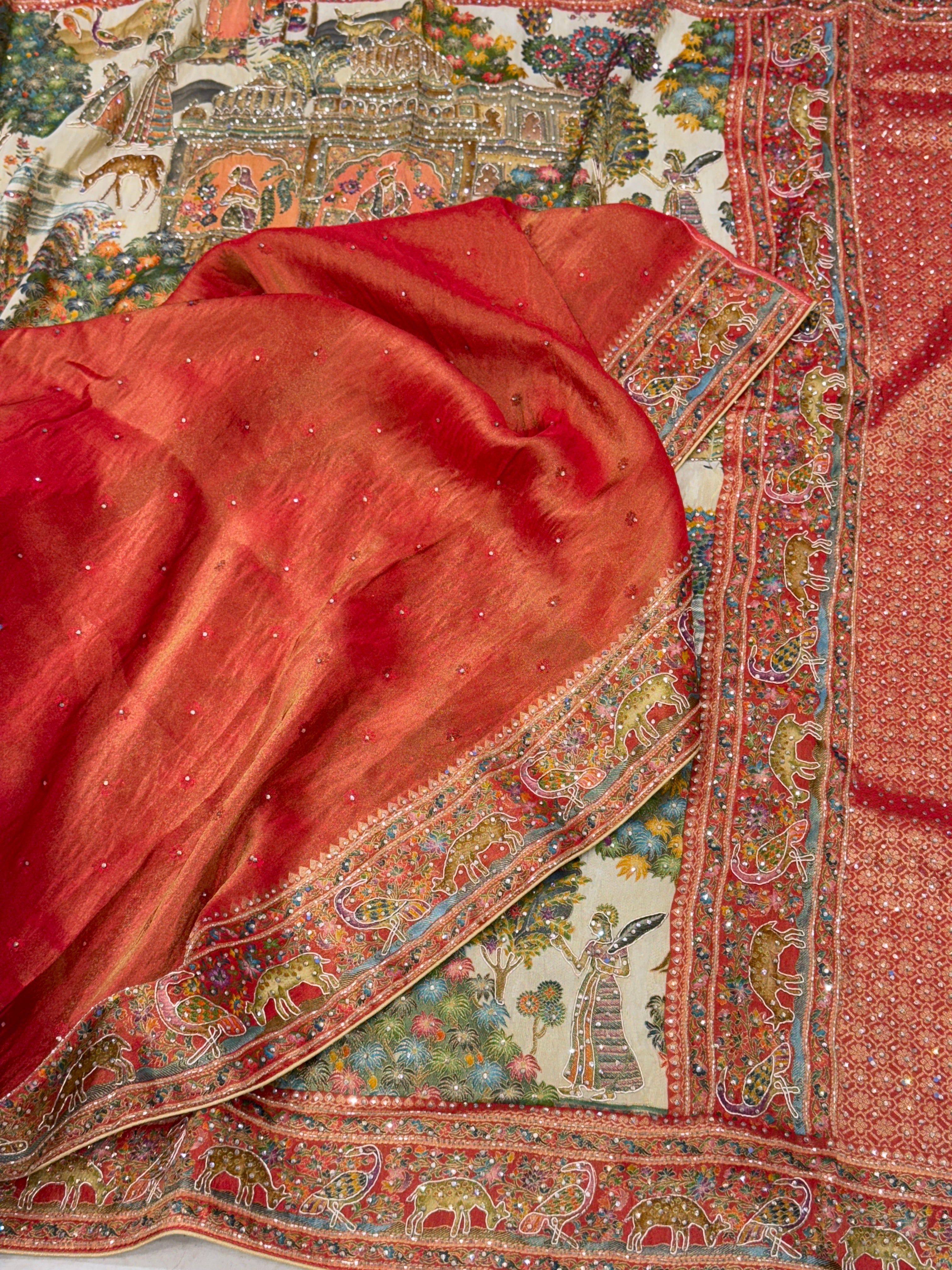 Jodha Akbar Theme Munga Tissue Hand Embroidery Saree
