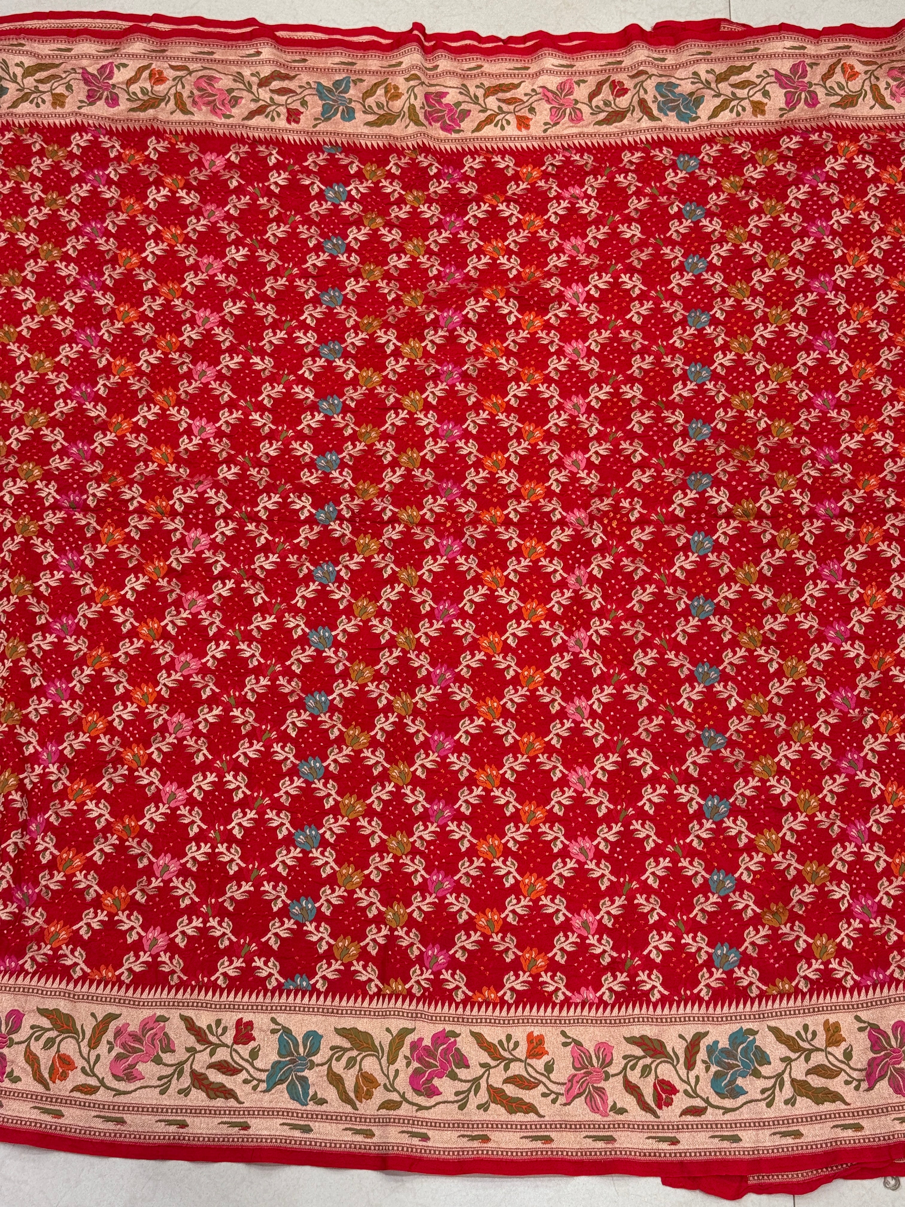 Red Meenakari Floral Jaal Rai Bandhej Georgette Bandhini Saree