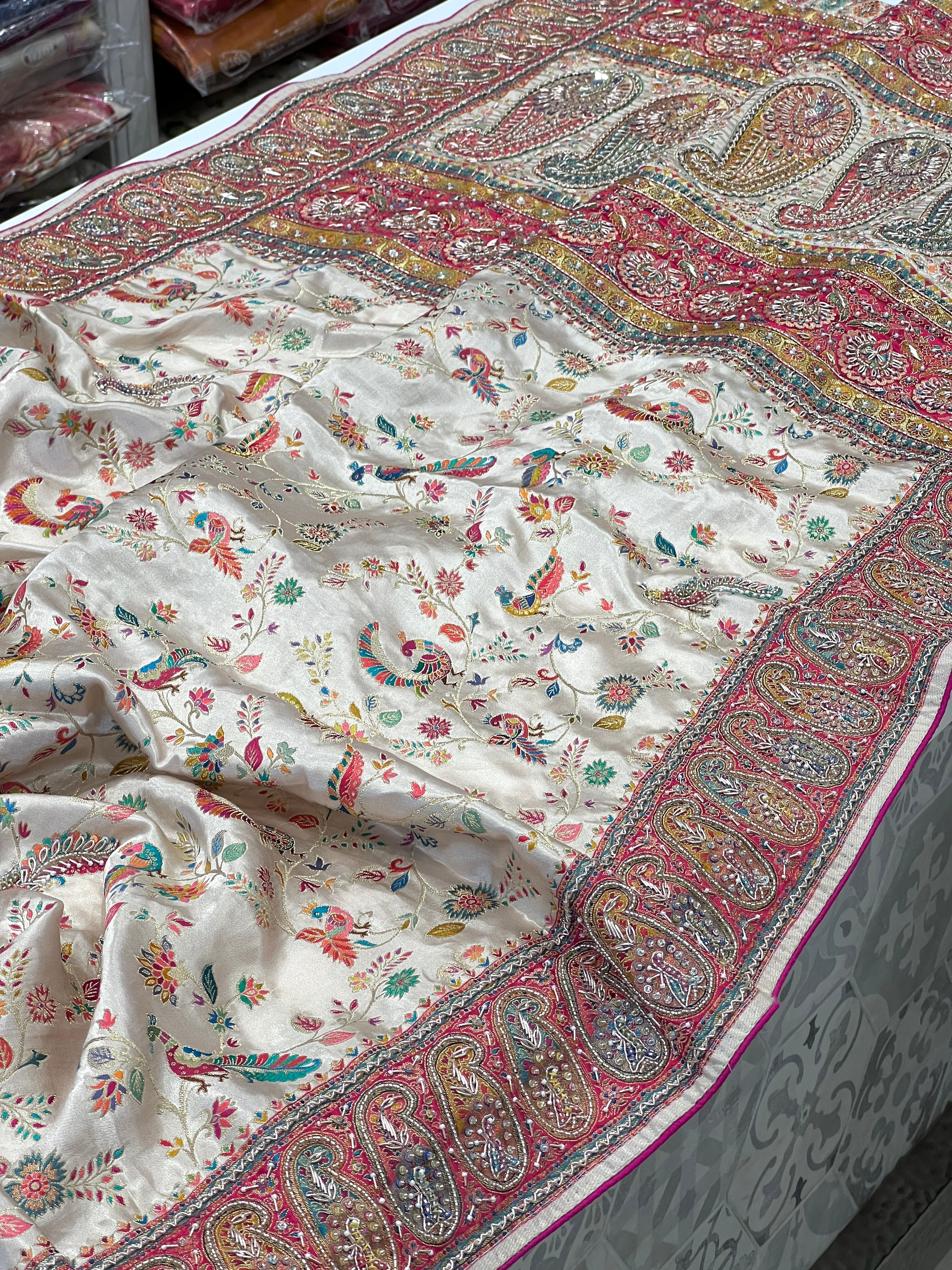 White Modal Satin Rangkat Peacock Hand Embroidery Saree