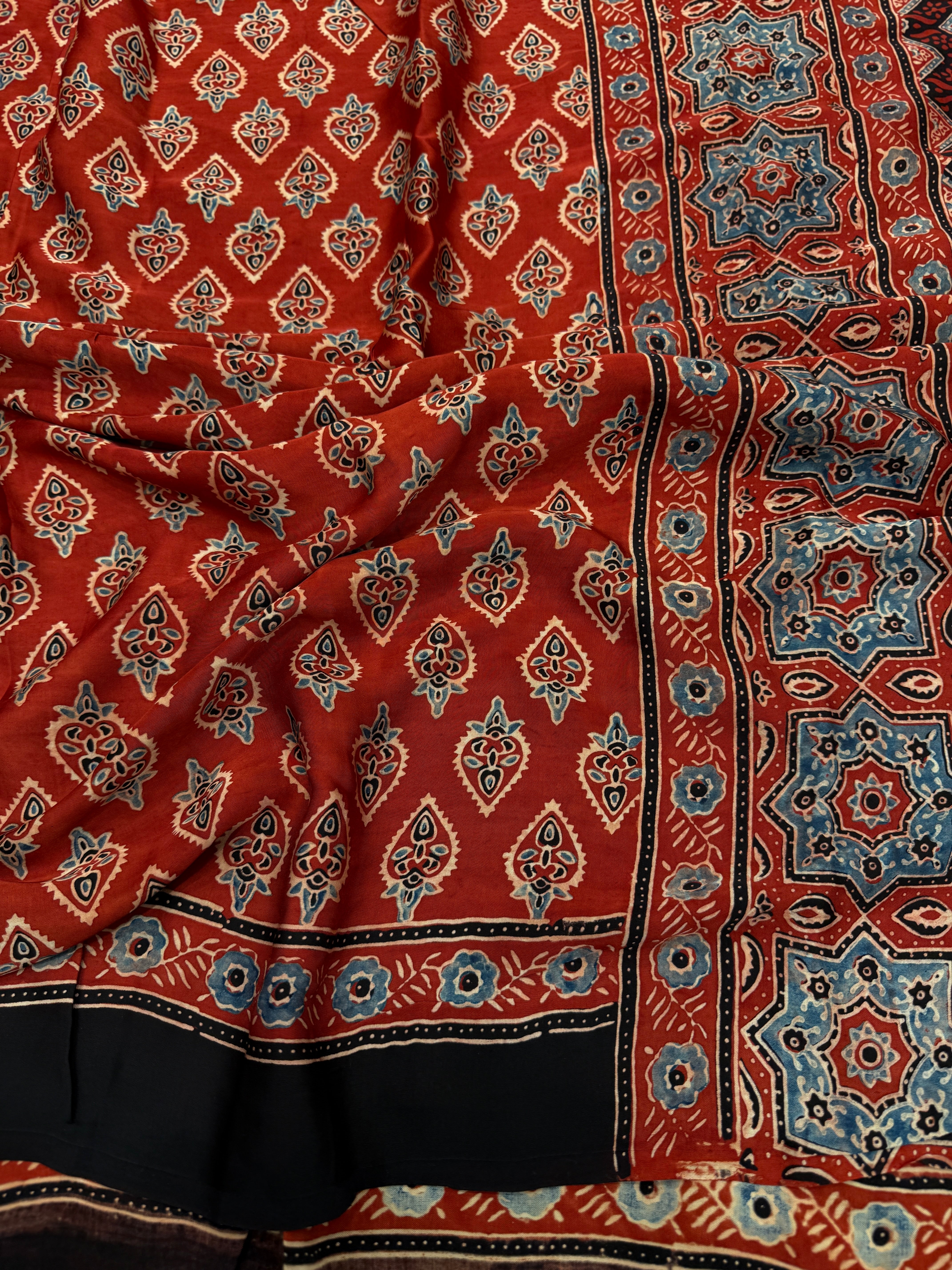 Red Buttis Ajrakh Block Print Hand Pure Gajji Silk Saree