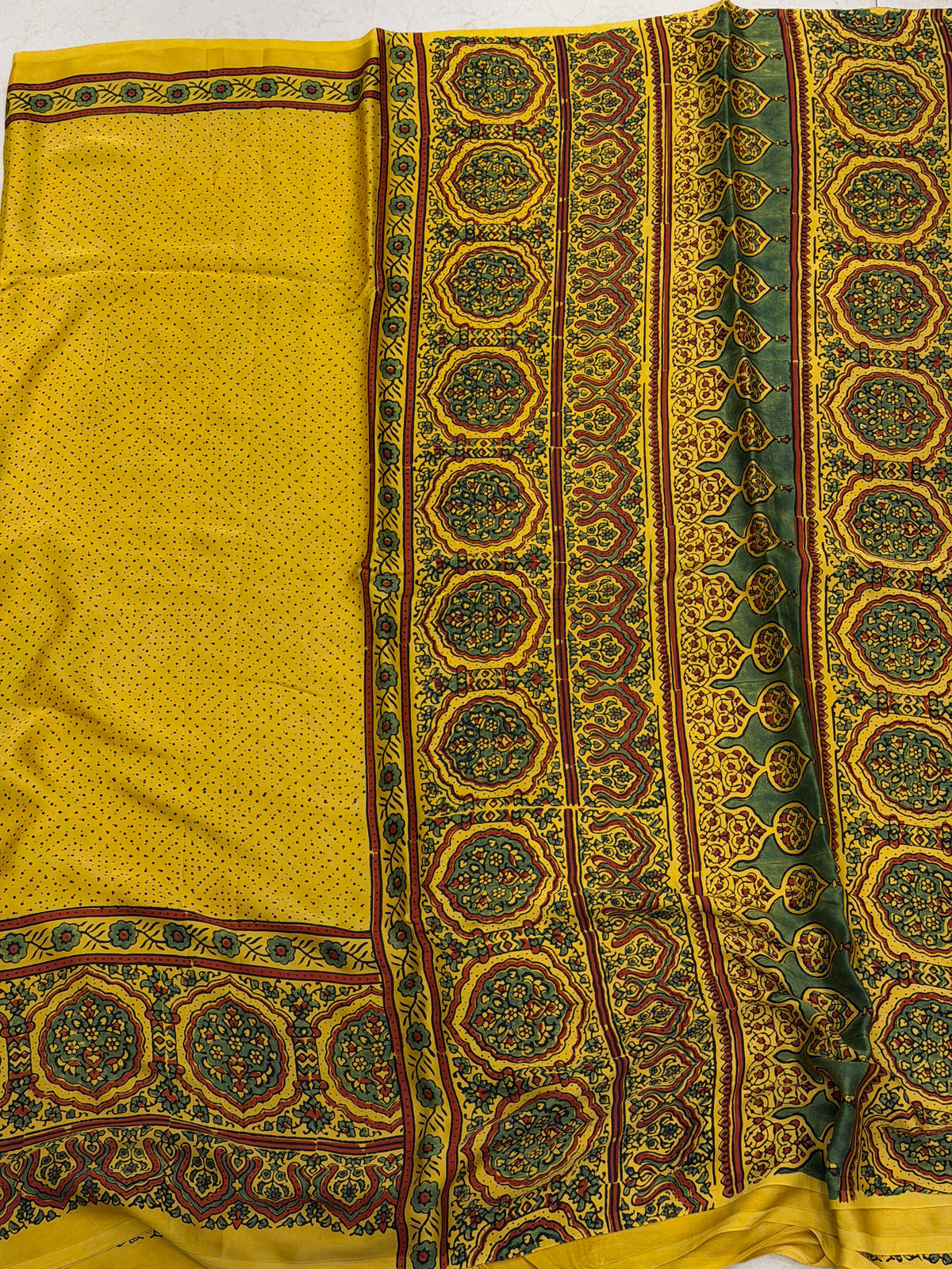 Yellow Dot Ajrakh Hand Block Print Pure Gajji Silk Saree