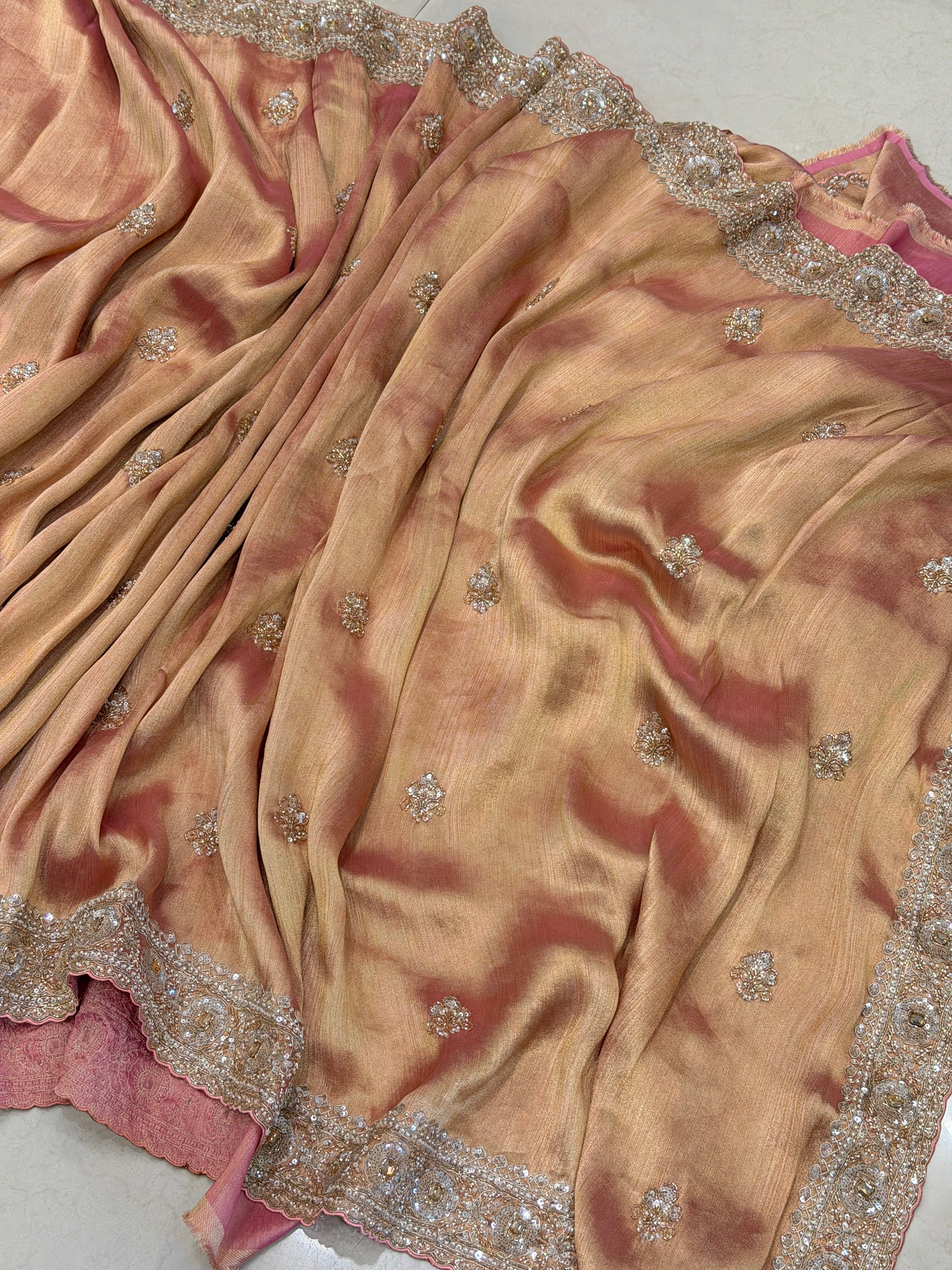 Pink Tissue Half and Half Embroidery Butta Jaal Saree