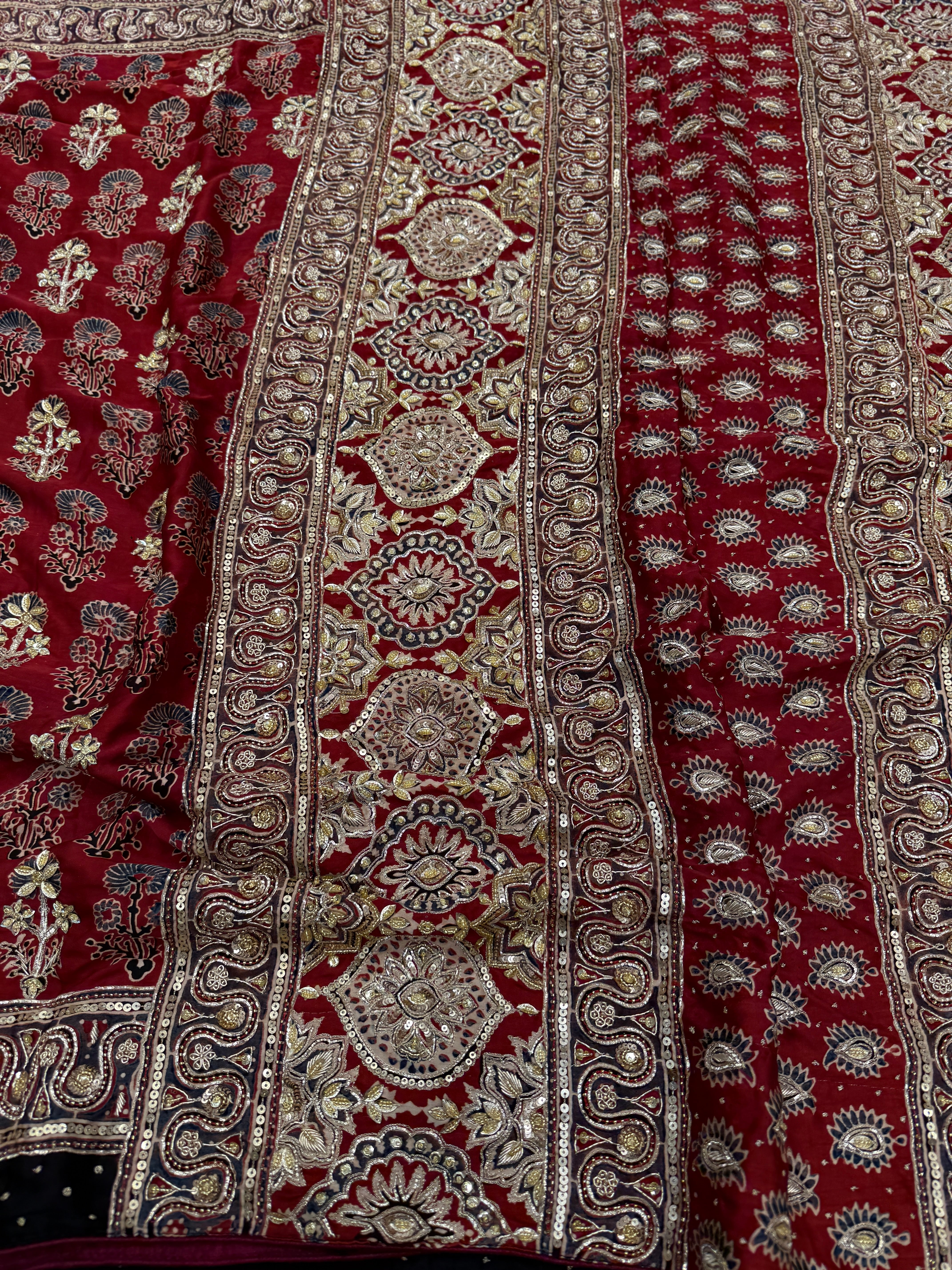 Red Buttis Pita Zardosi Sequin Ajrakh Hand Embroidery Saree