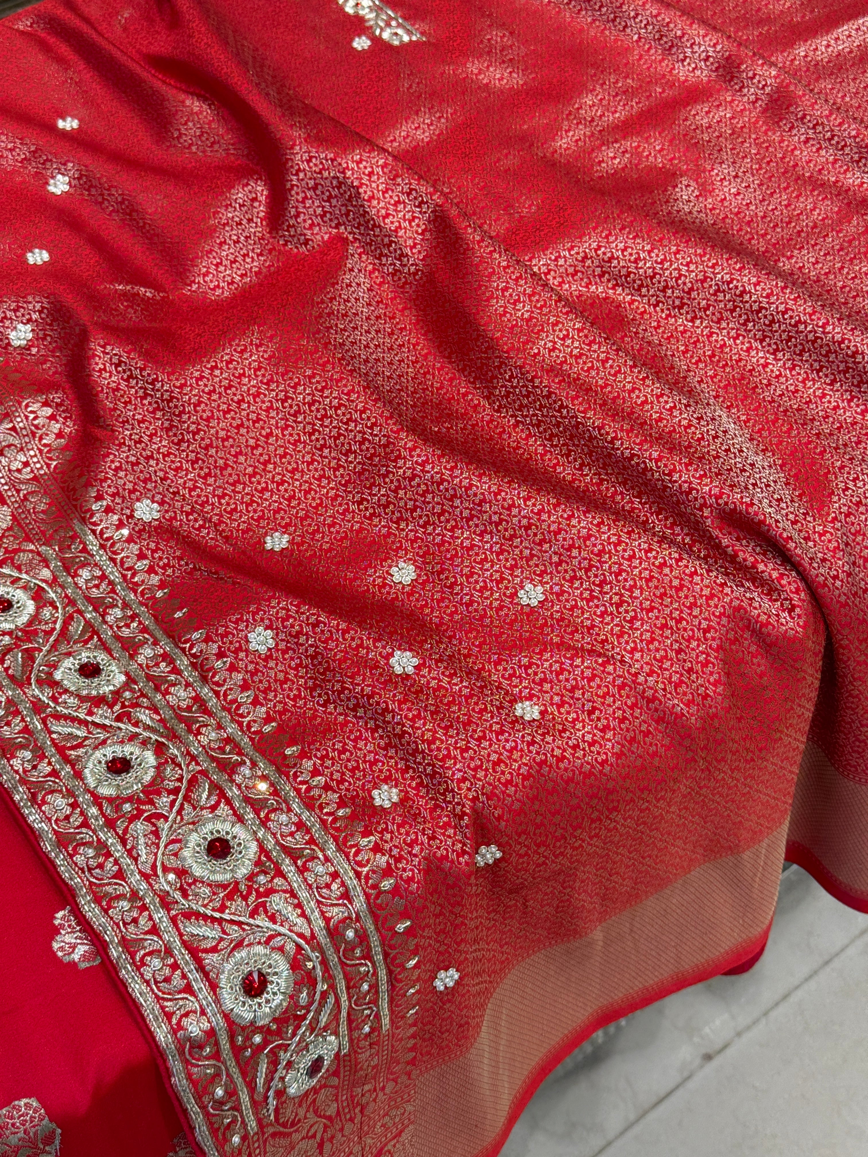 Red Banarasi Silk Butti Crystal Zardozi Hand Embroidery Saree