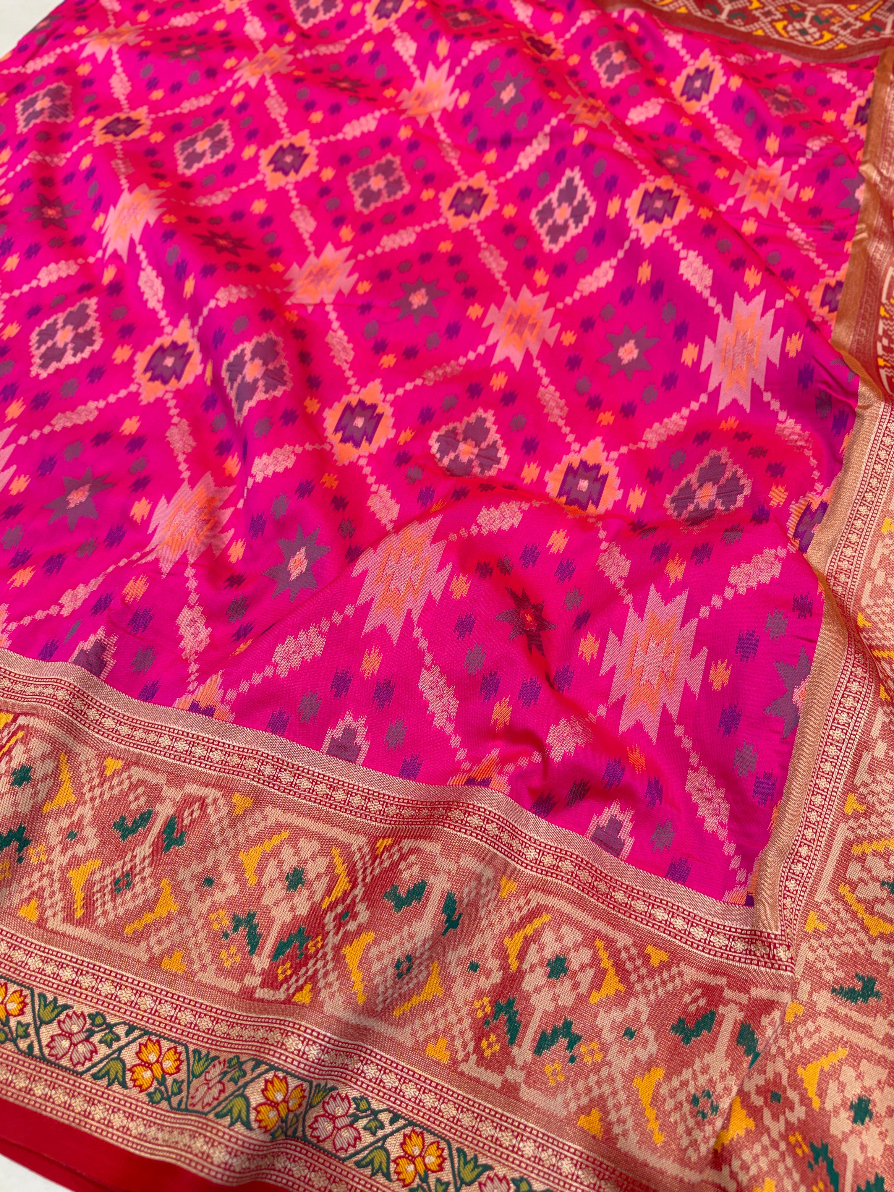 Rani Pink Ikat Patola Banarasi Weaved Jaal Saree