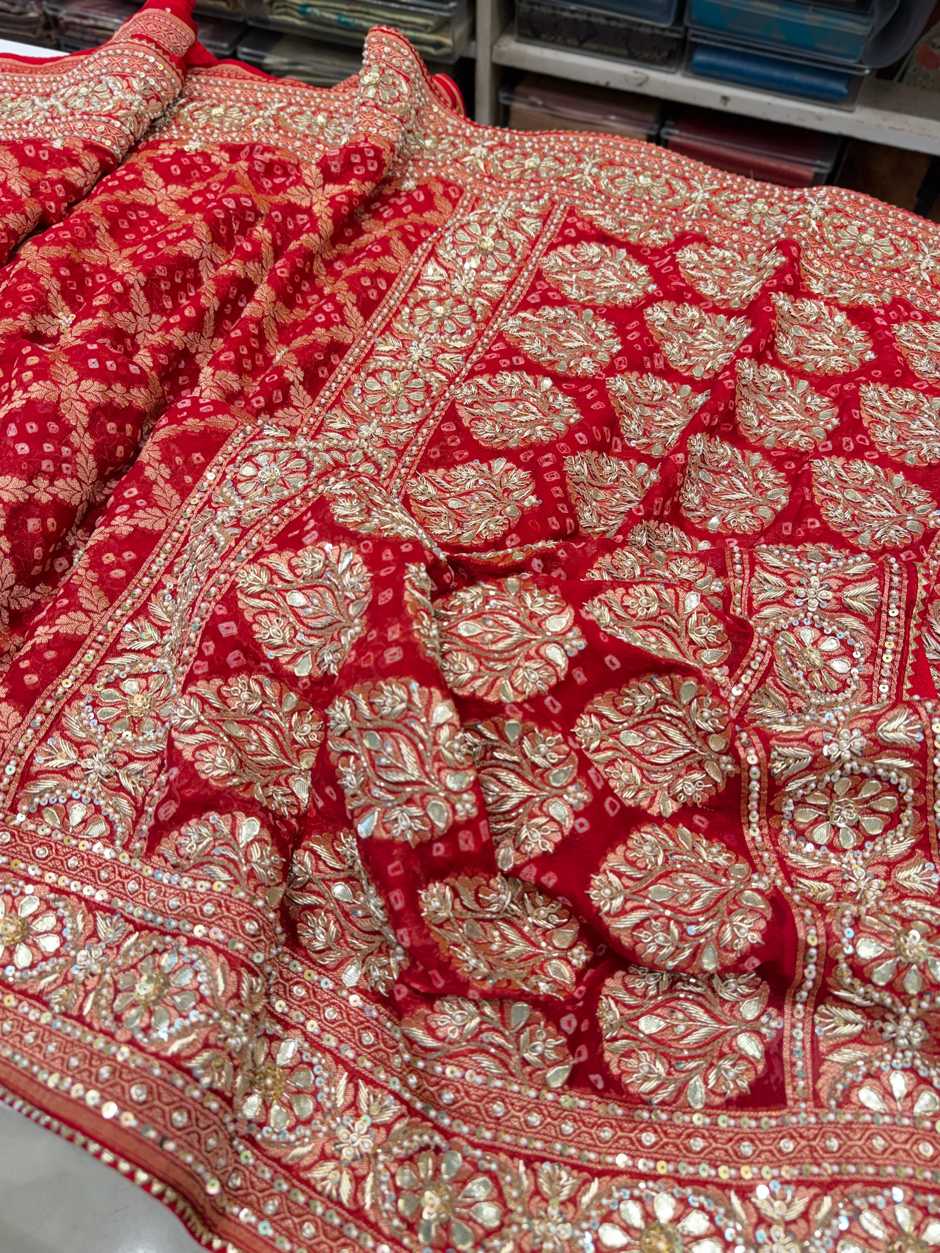 Red Bandhej Zardosi Pita Hand Embroidery Saree