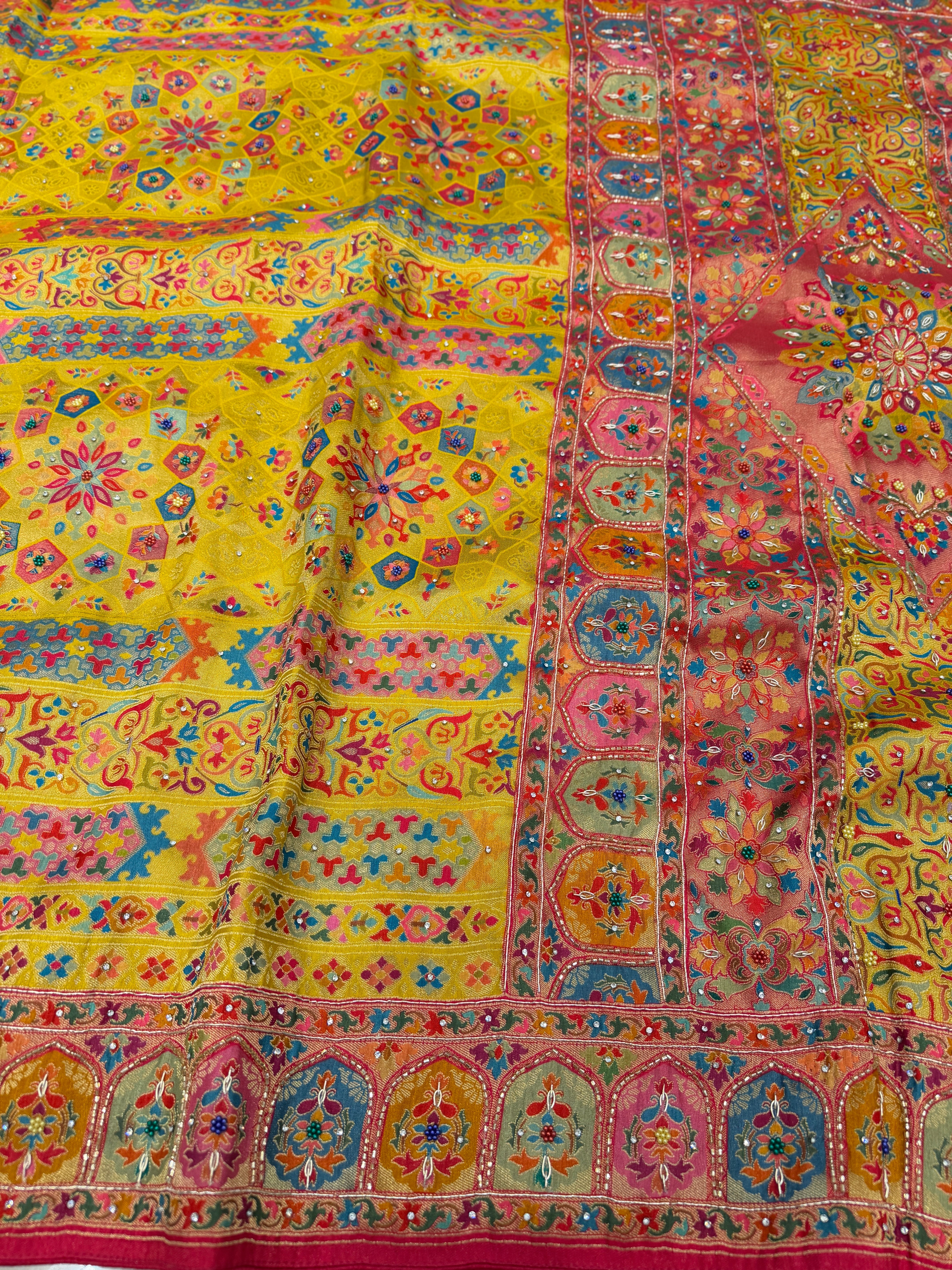 Yellow Banarasi Munga Pashmina Style Hand Embroidery Saree