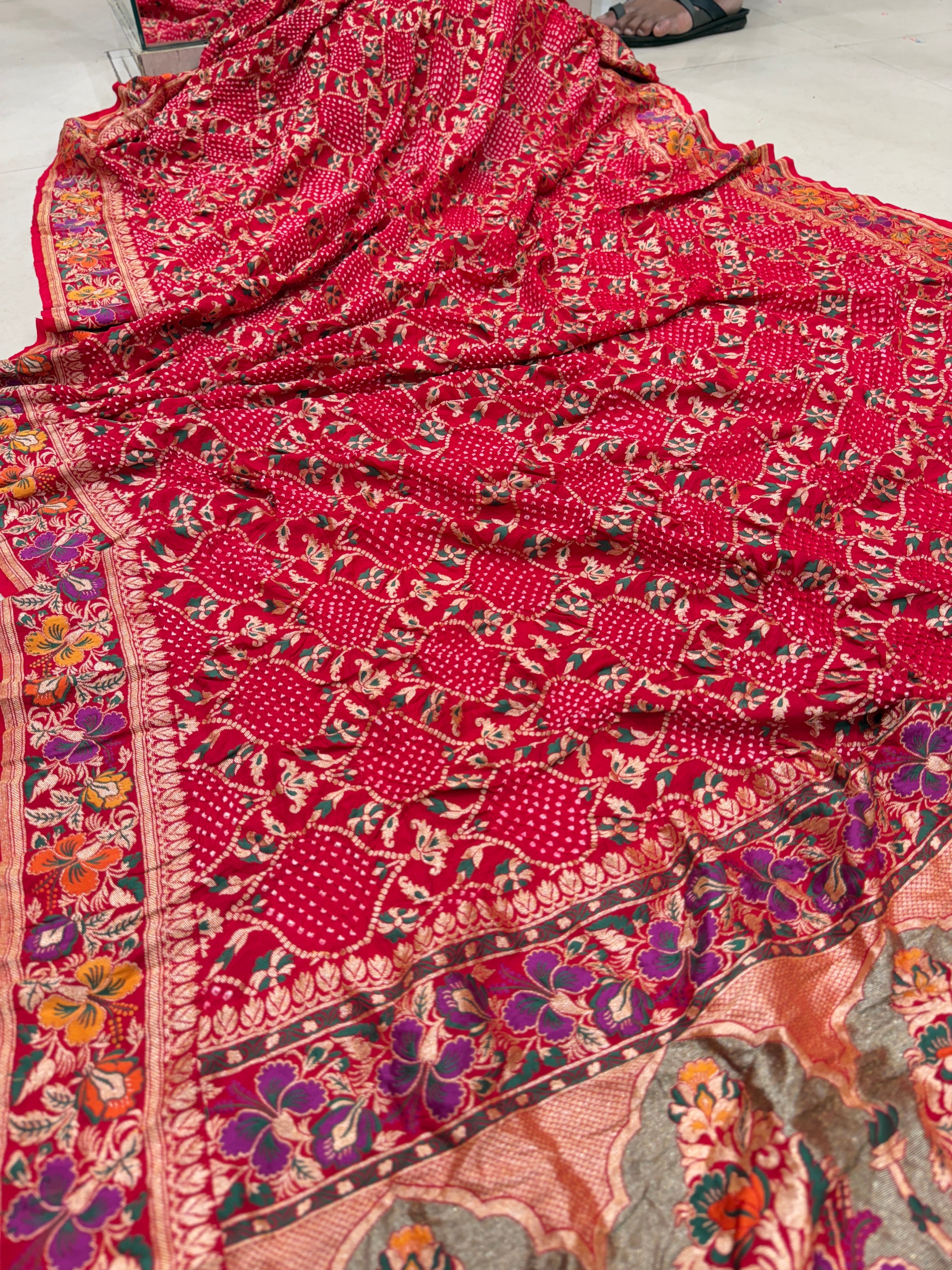 Red Meenakari Rai Bandhej Floral Border Saree