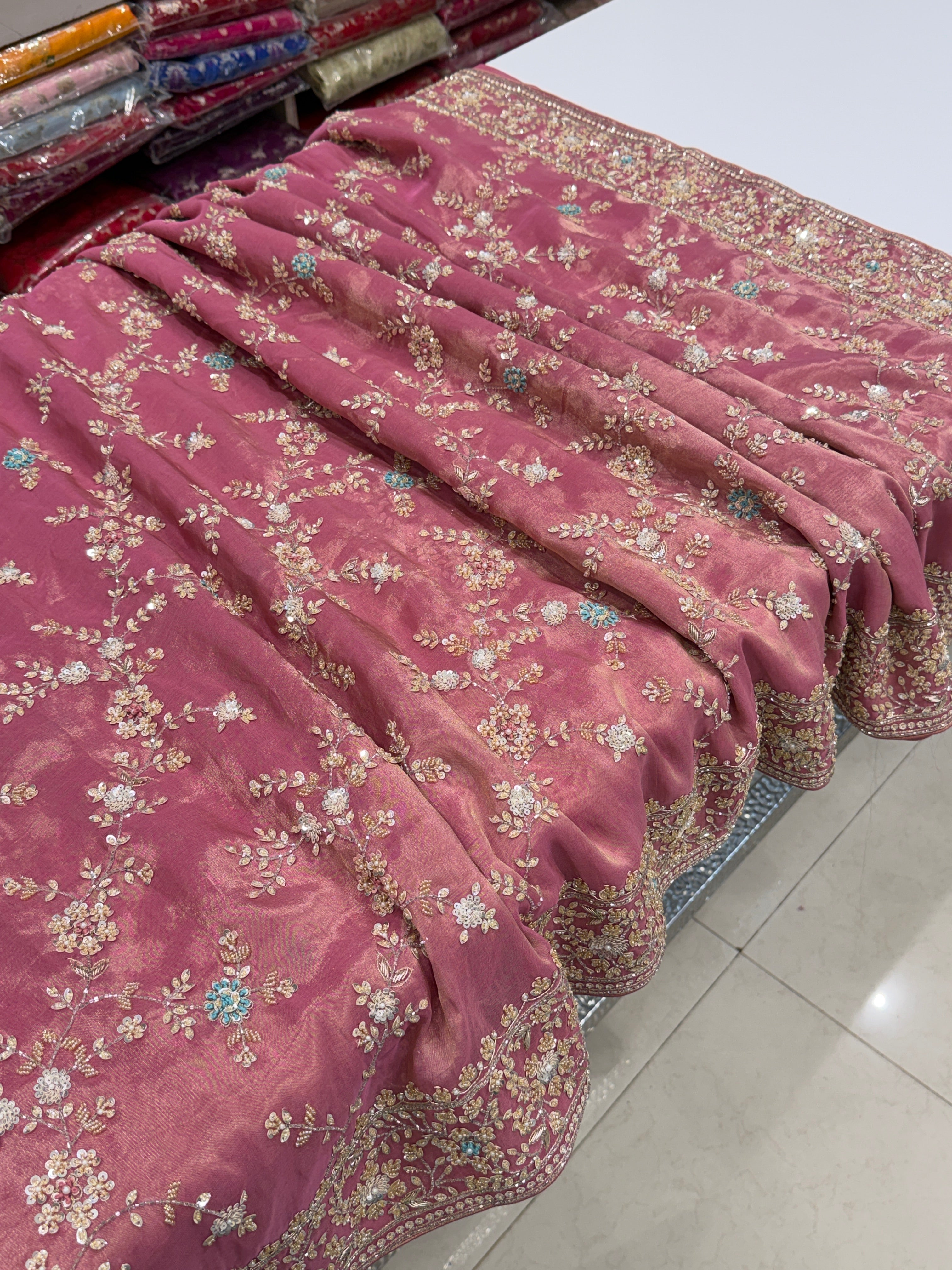 Pink Tissue Silk Moti Sequin Zardosi Hand Embroidery Jaal Saree