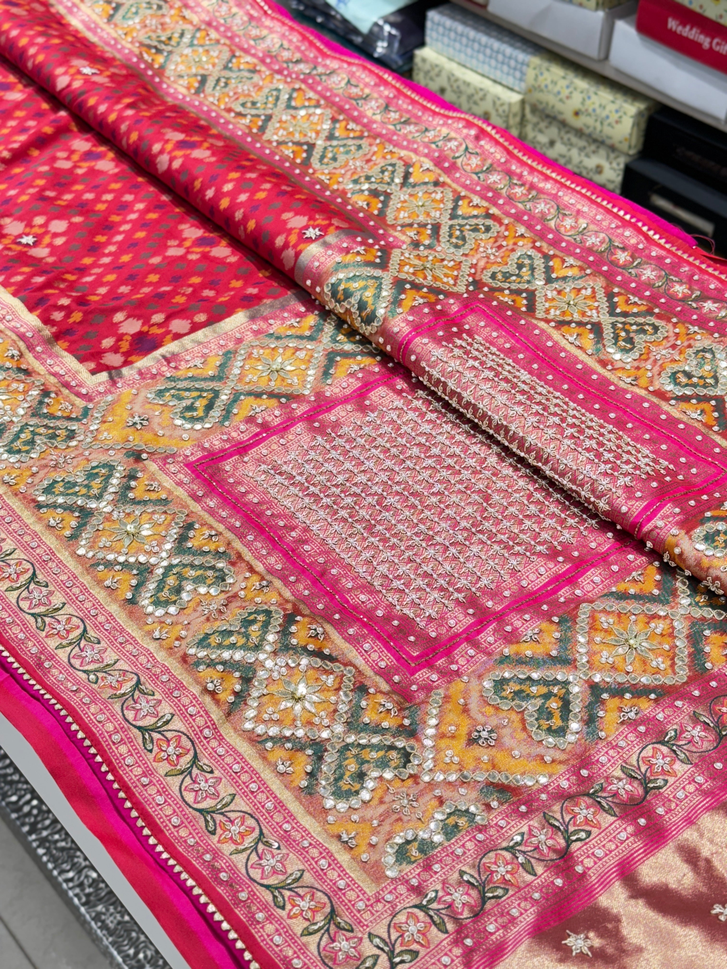 Red Patola Zardosi Gotapatti Dori Hand Emboidery Saree