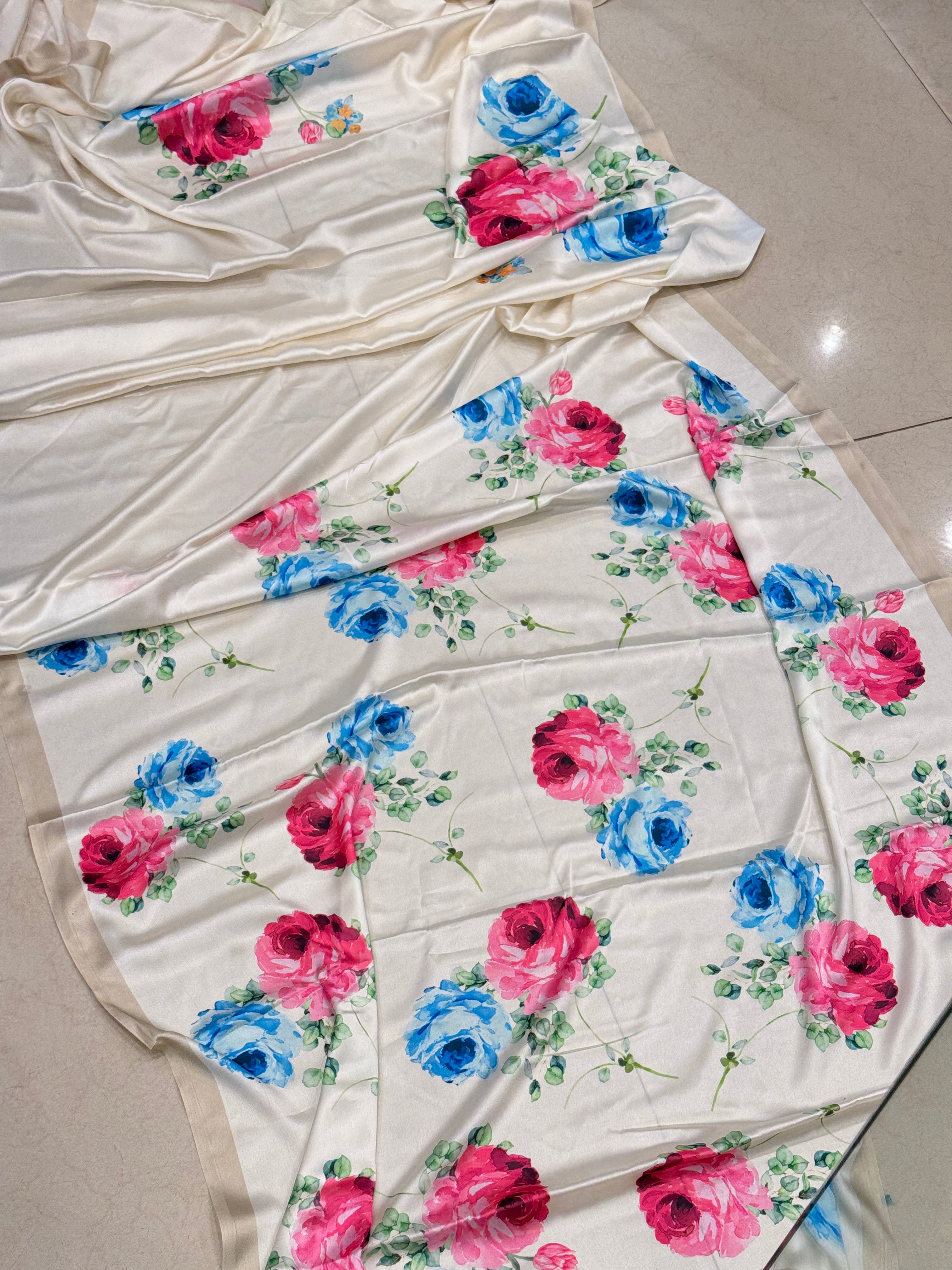 Moti White Floral Satin Printed Saree