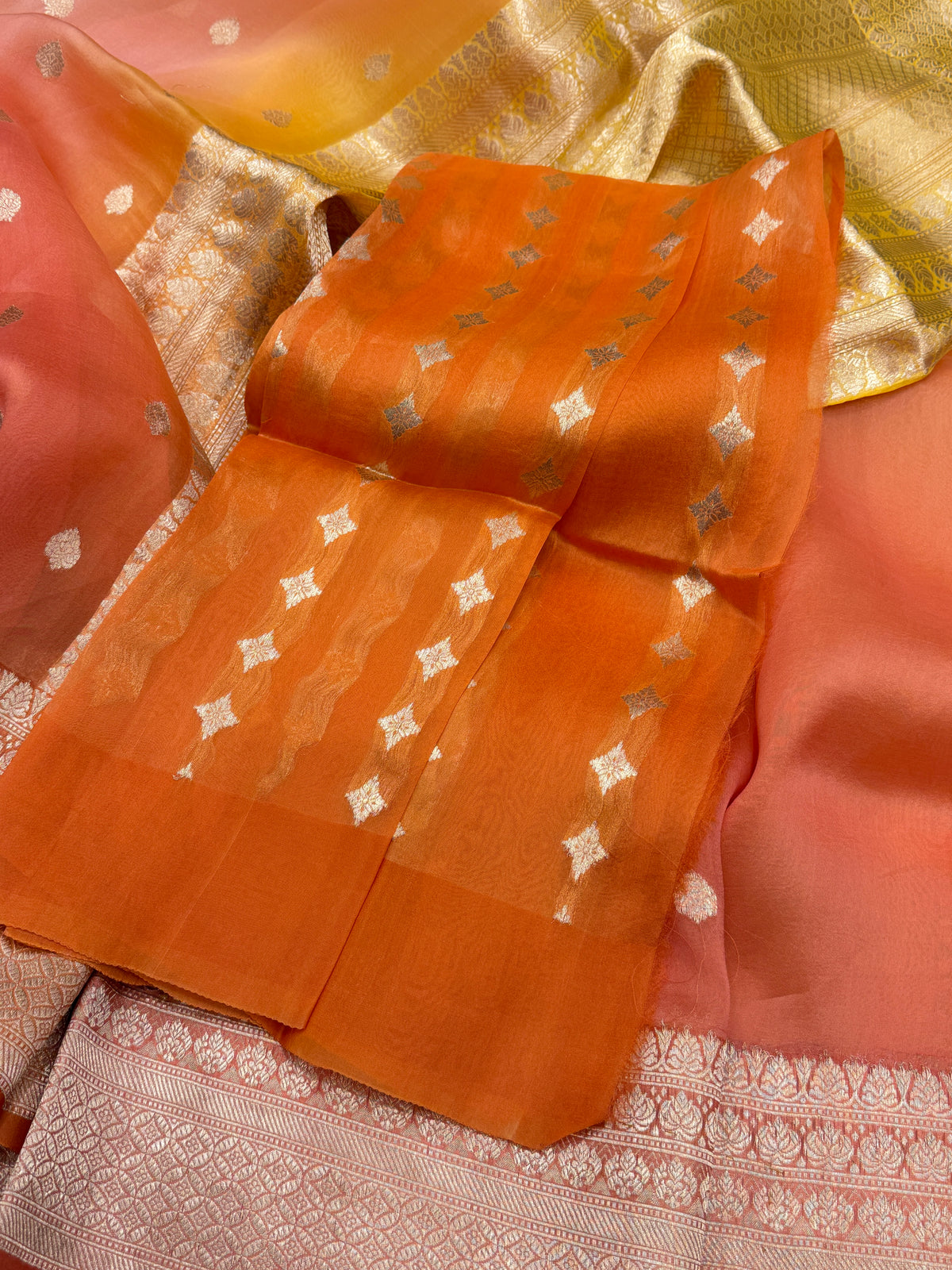 Orange Shaded Handloom Banarasi Kora Buttis Saree