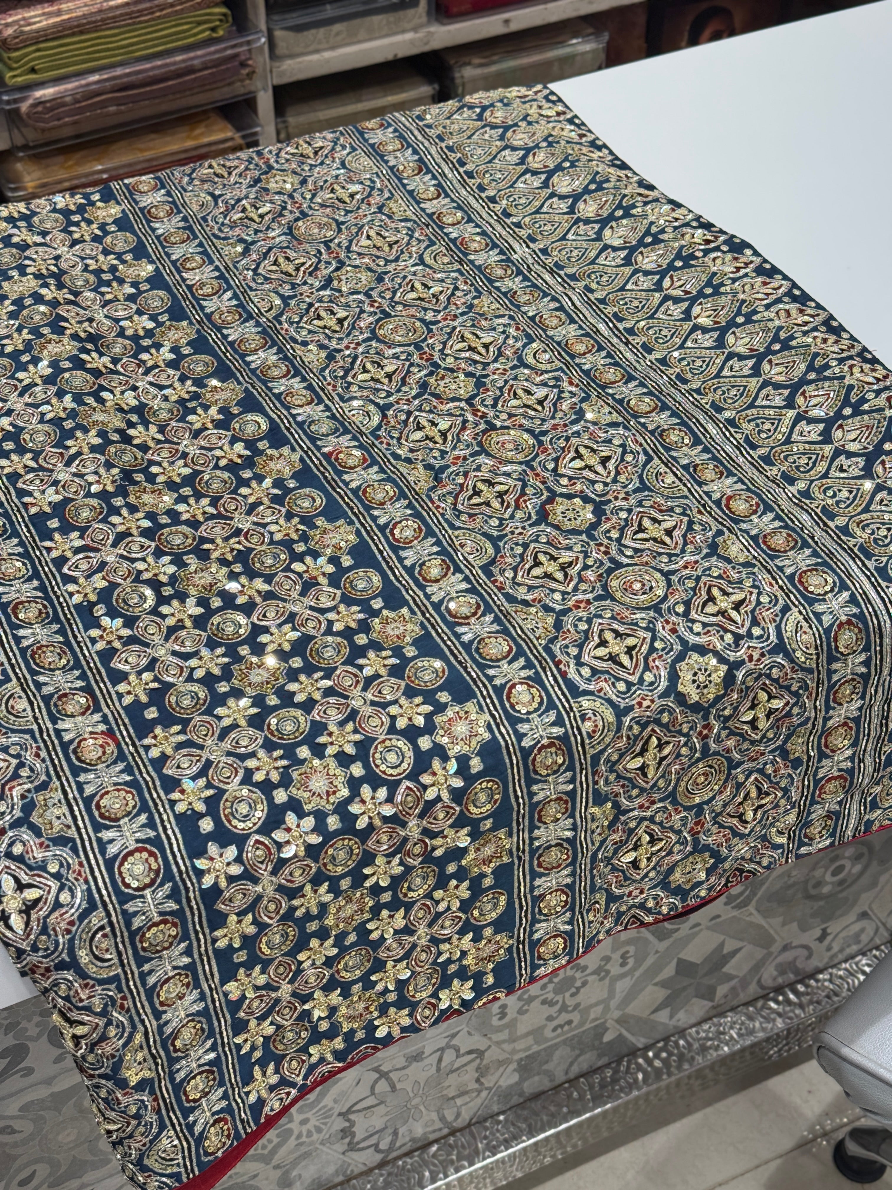 Red Blue Pallu Floral Buttas Ajrakh Hand Embroidery Saree