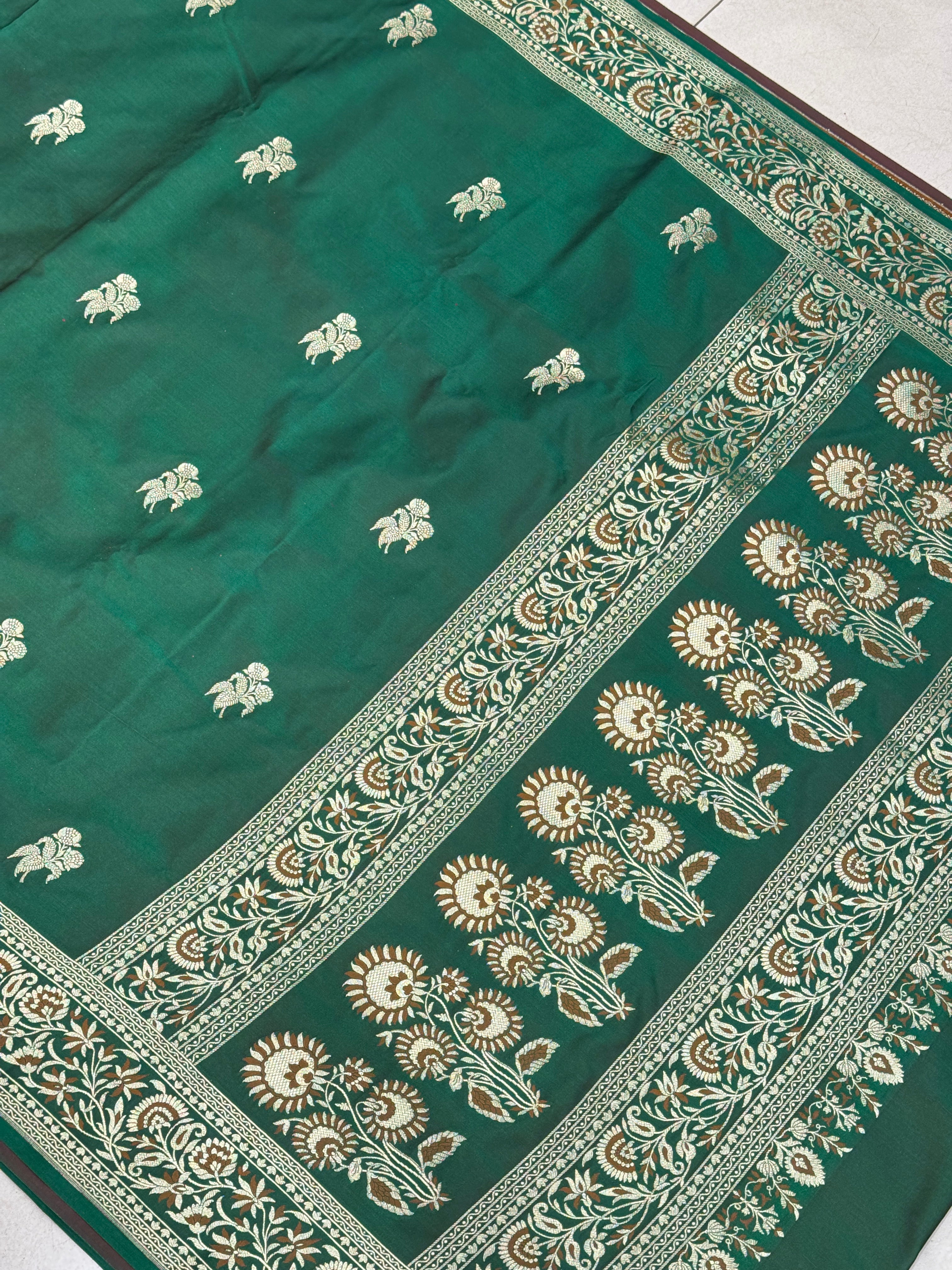 Bottle Green Banarasi Taj Mahal Floral Buttas Saree