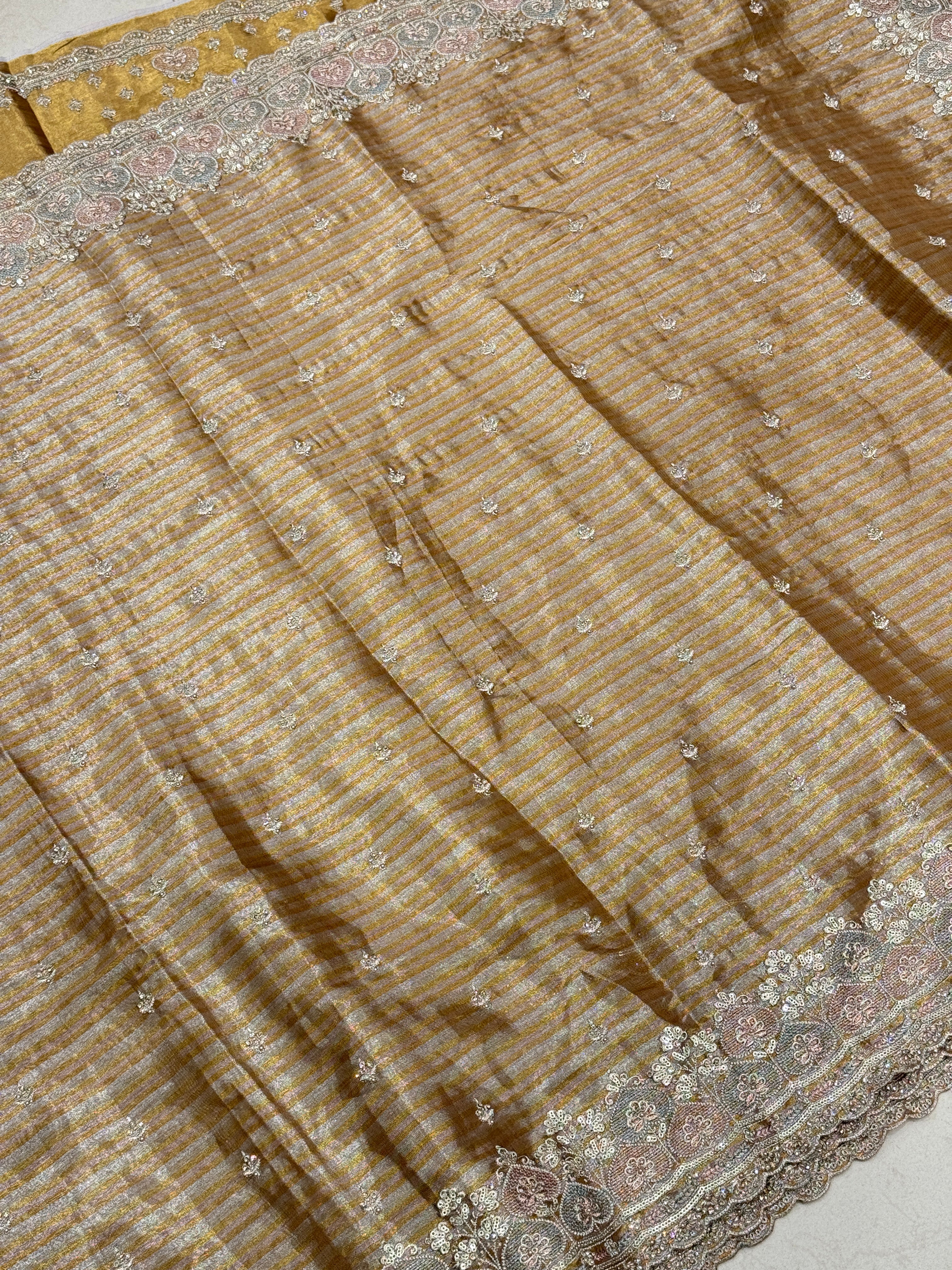 Golden Silver Soft Tissue Meenakari Pita Embroidery Saree