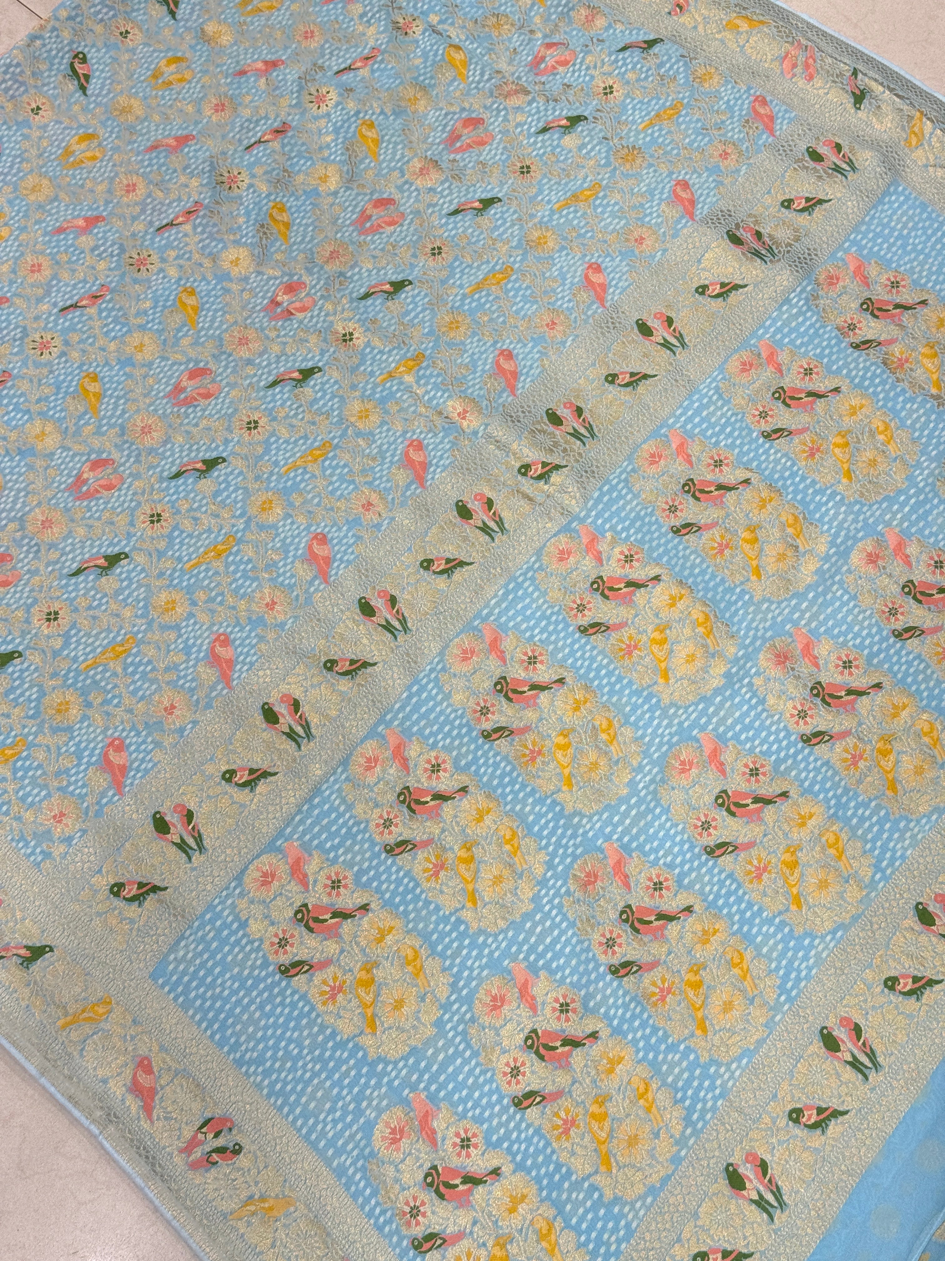Light Blue Woven Bandhej Meenakari Parrot Motif Saree