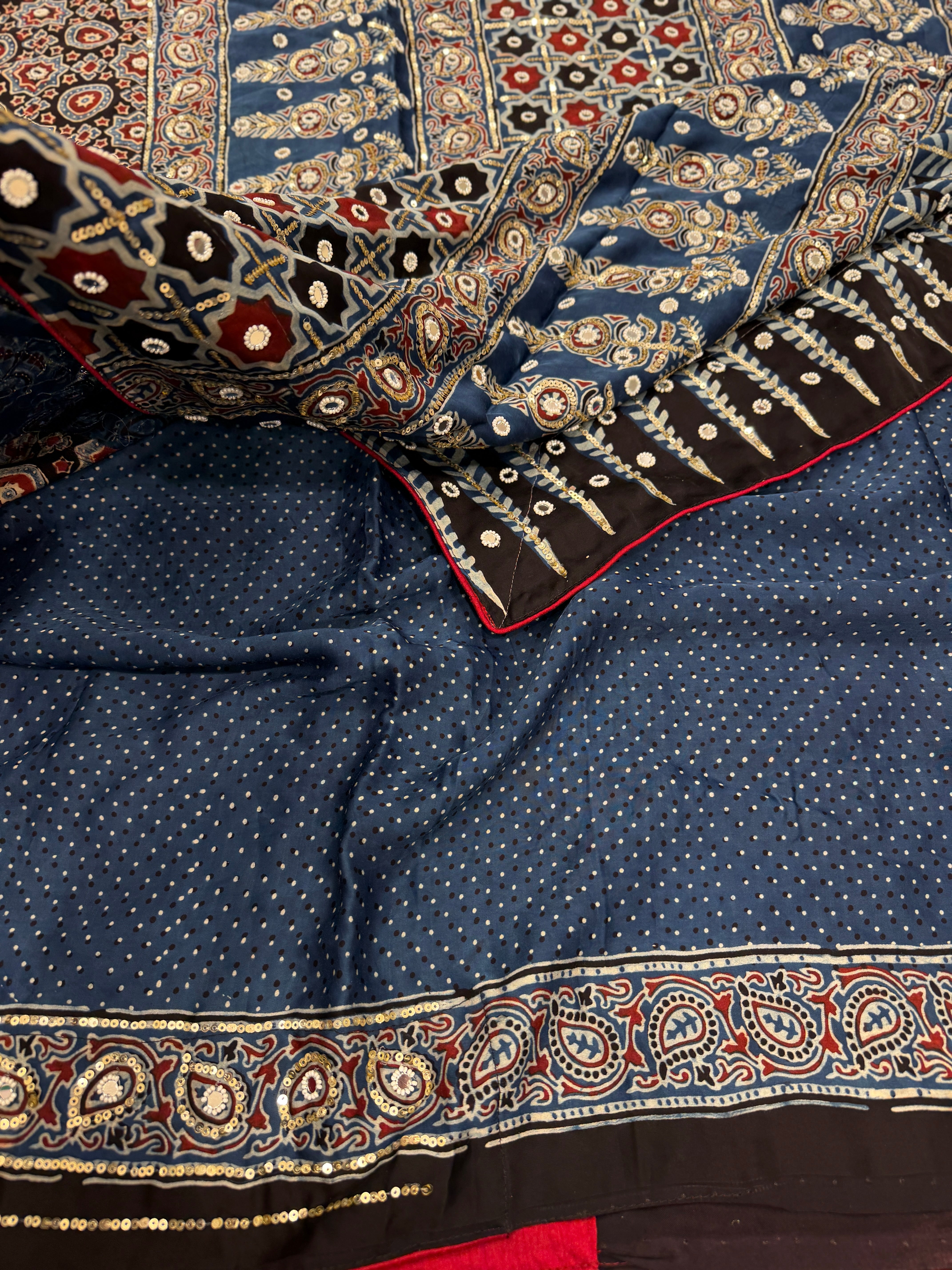 Black Ajrakh Jaal Moti Sequin Ajrakh Hand Embroidery Saree