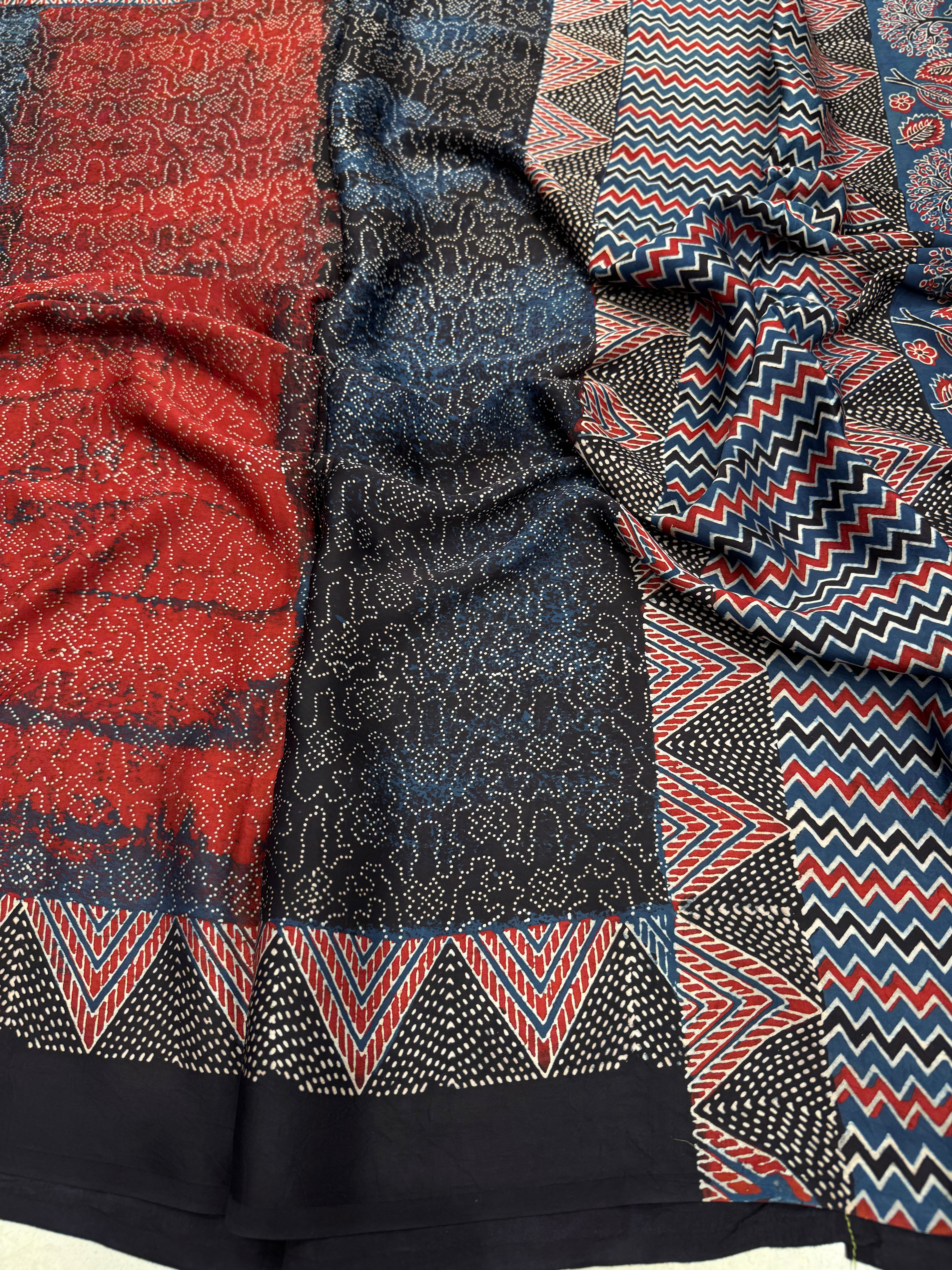 Red Contemporary Bandhej Style Hand Block Print Ajrkah Pure Gajji Silk Saree