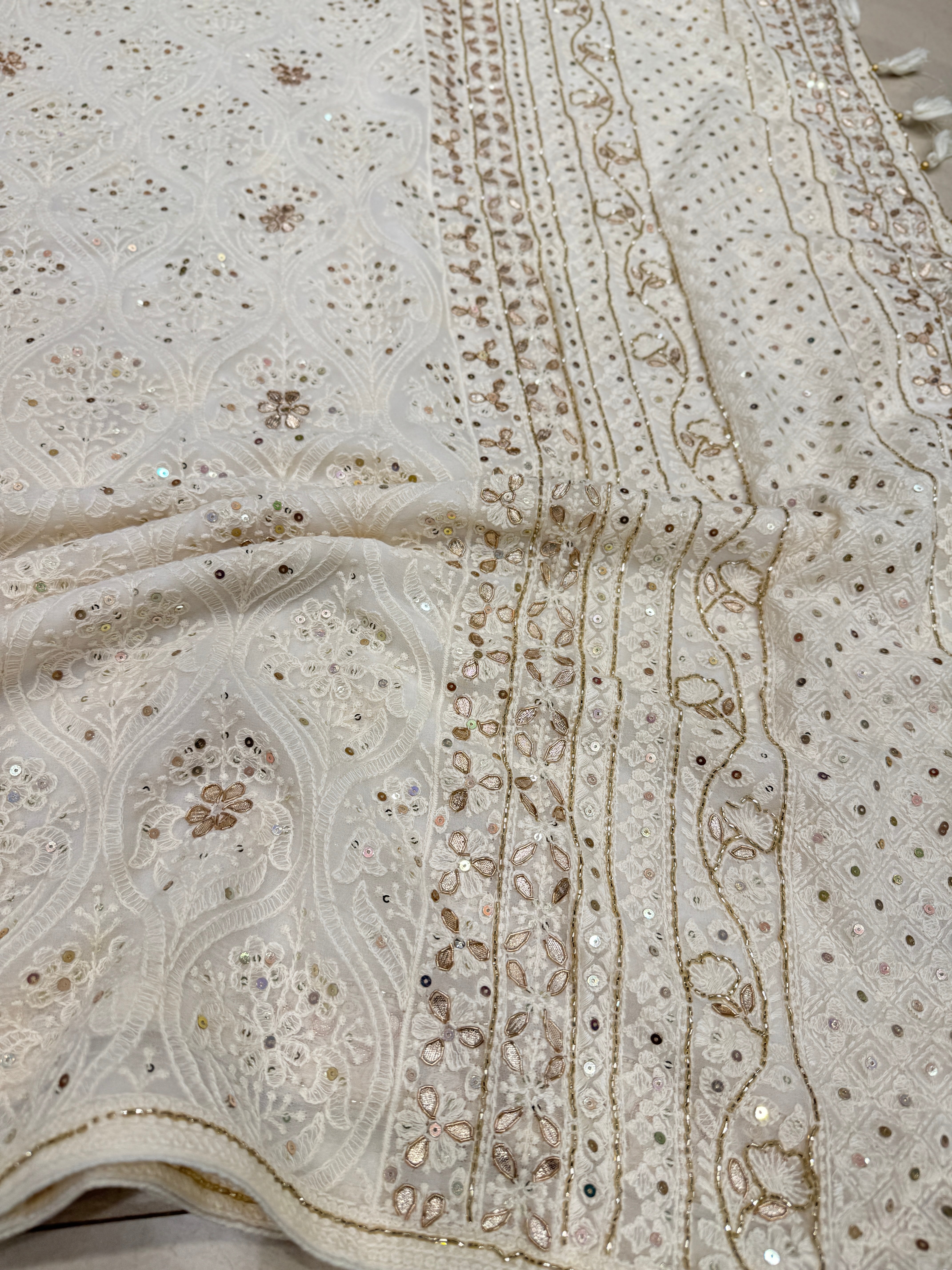 White Chikankari Badam Design on Georgette with Cutdana Hand Embroidery