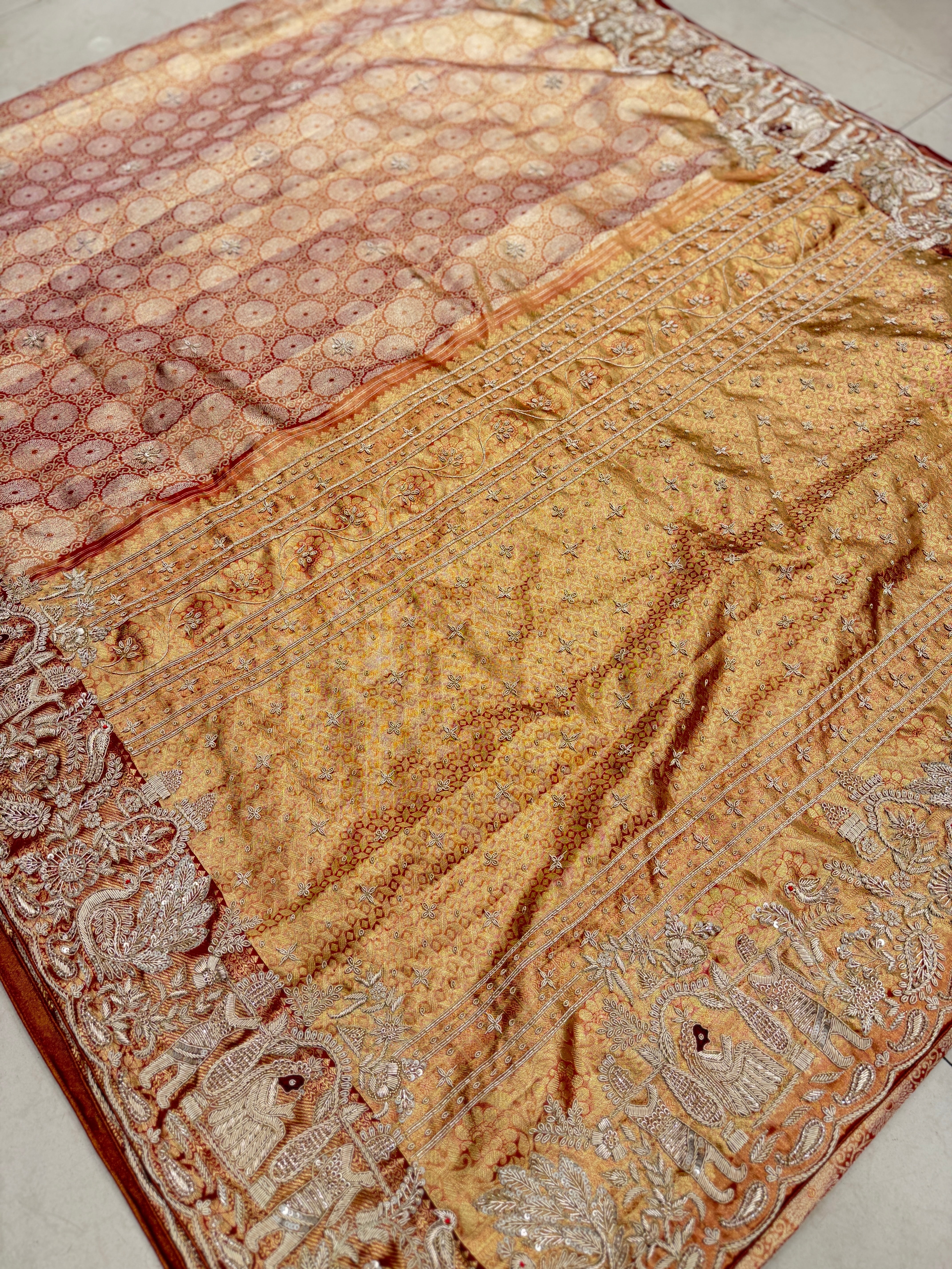 Red Tissue Kanjivaram Zardosi Doli Hand Embroidery Saree