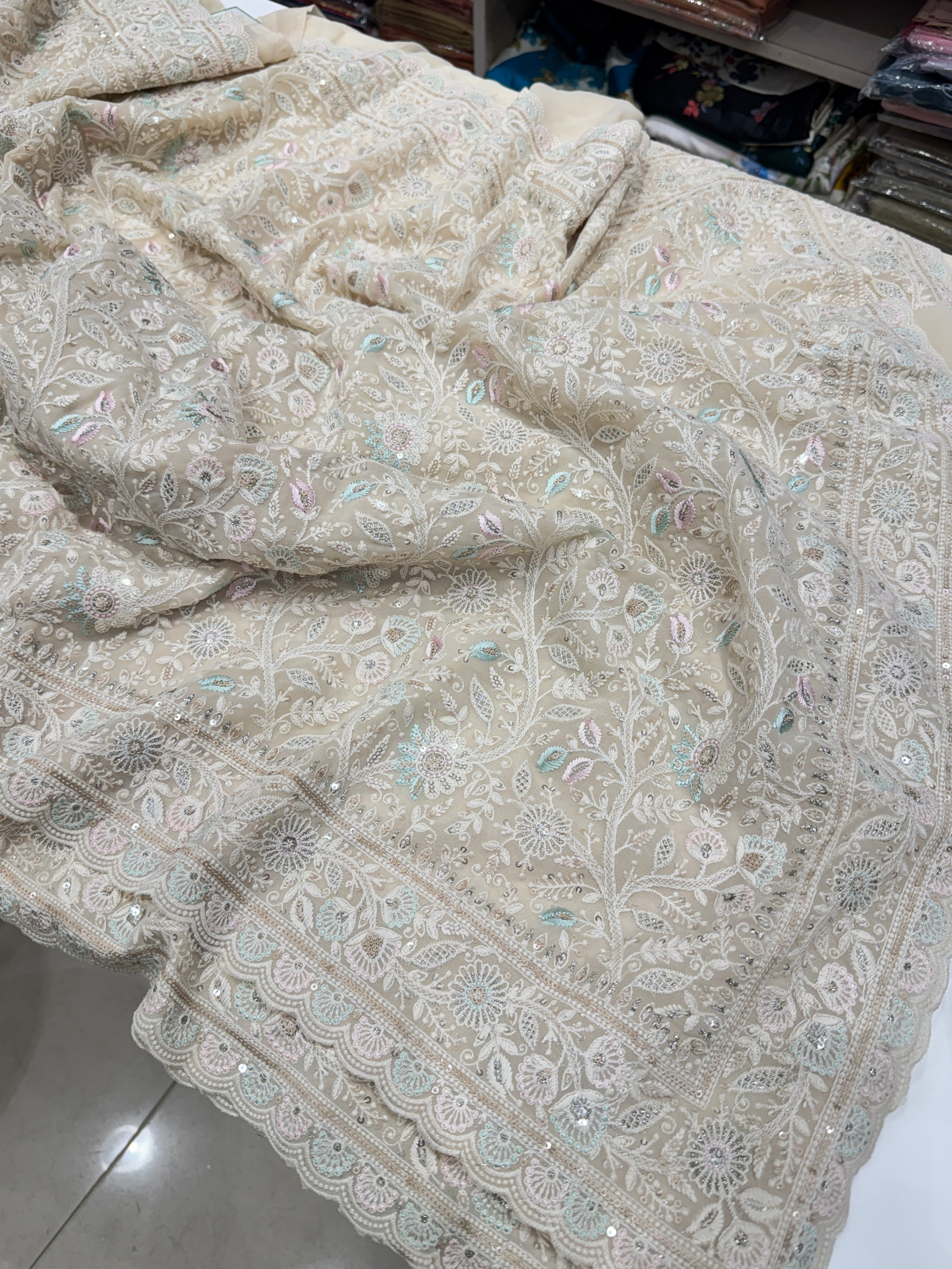 Moti White Meenakari Chikankari Scallop Design Saree