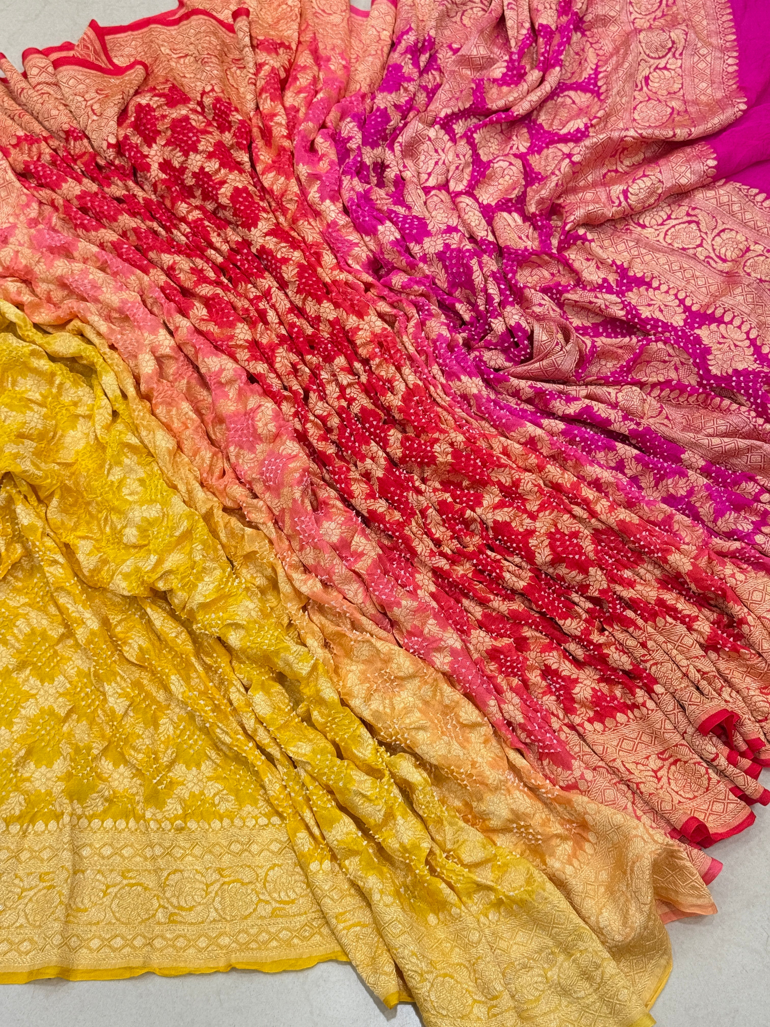 Shaded Rani Six Colour Bandhej Bandhini Saree
