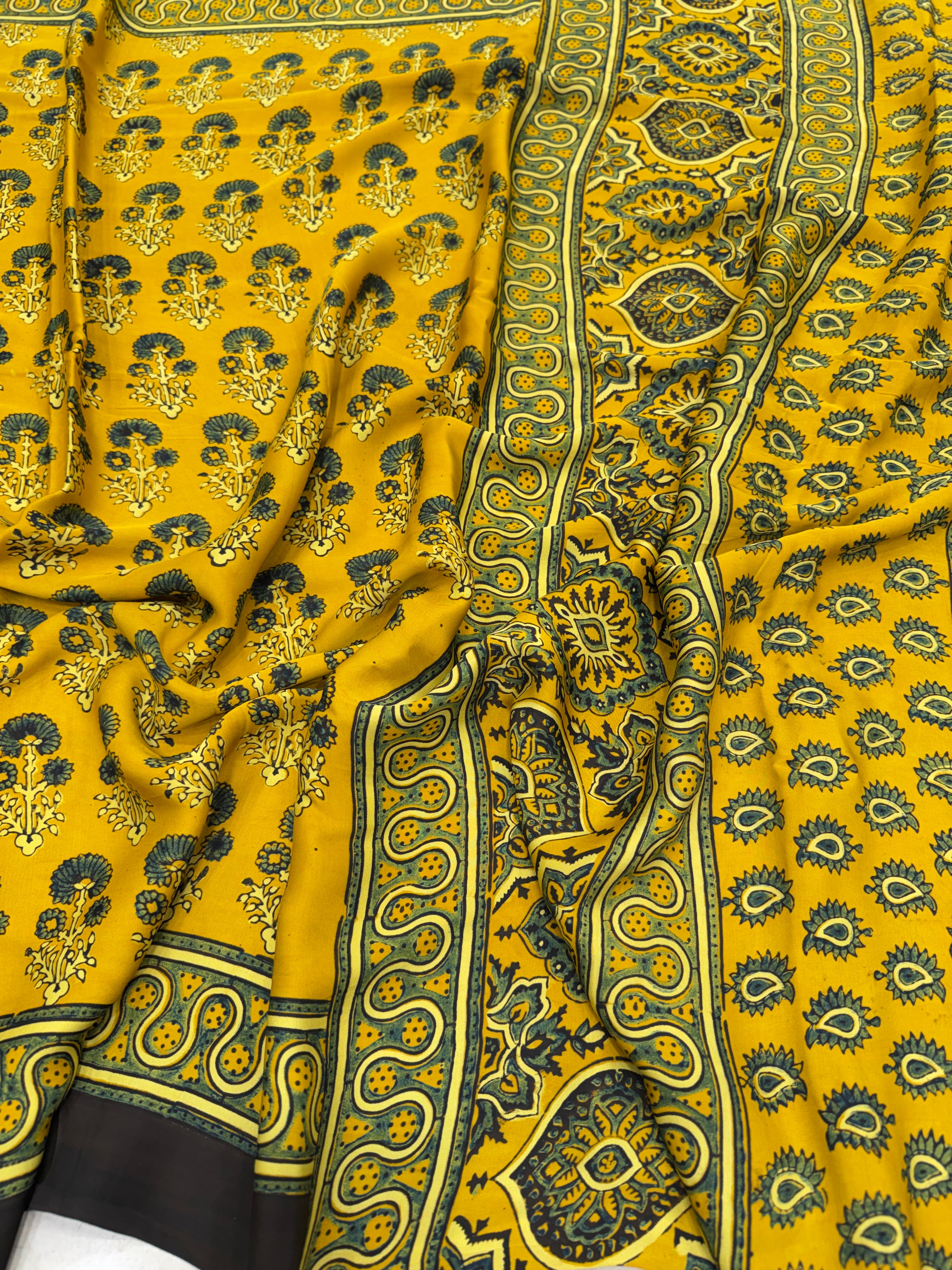 Yellow Floral Buttas Ajrakh Saree Modal Gajji Silk Hand Block Print