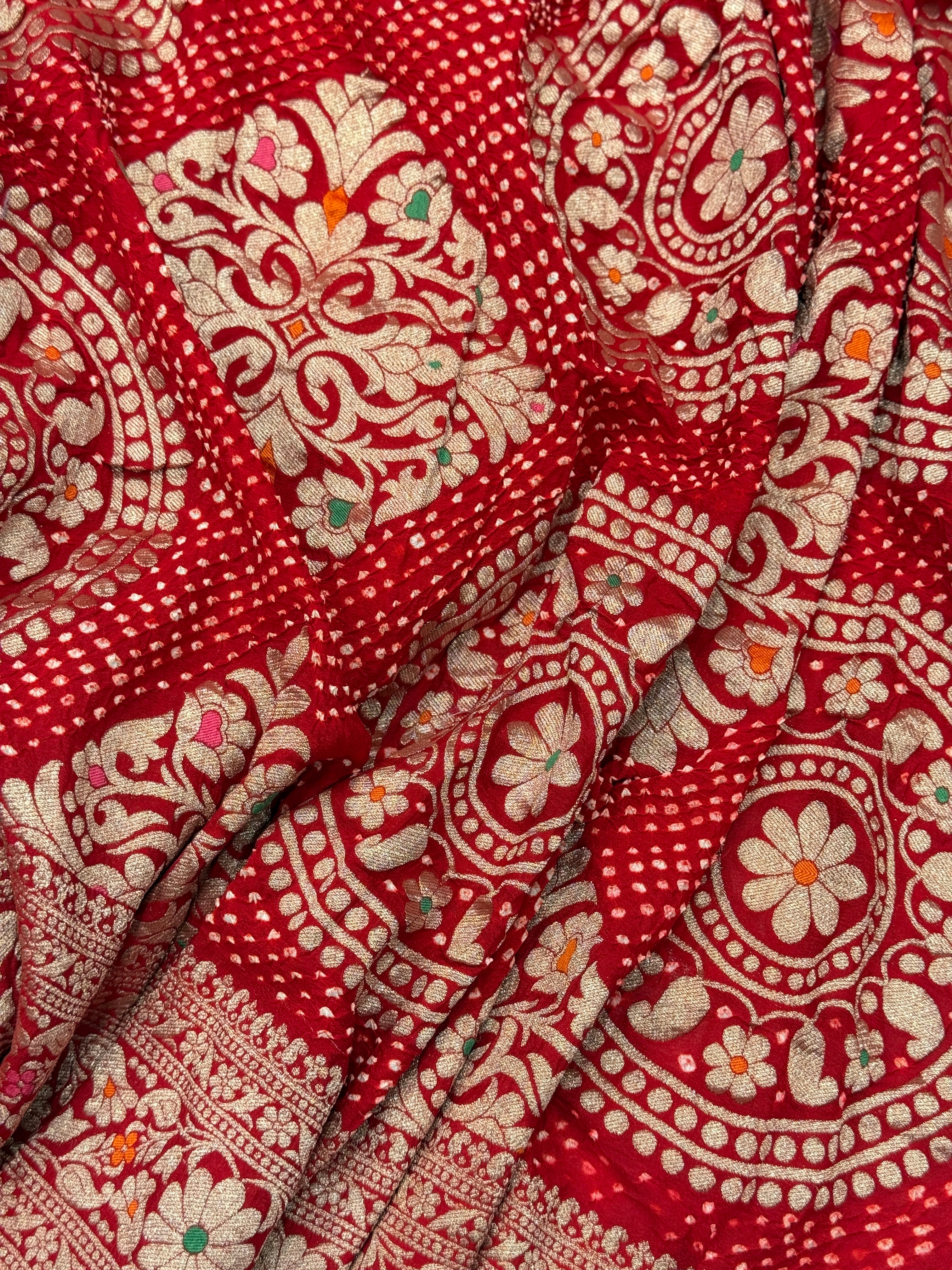 Red Rai Bandhej Weaved Handloom Georgette Saree
