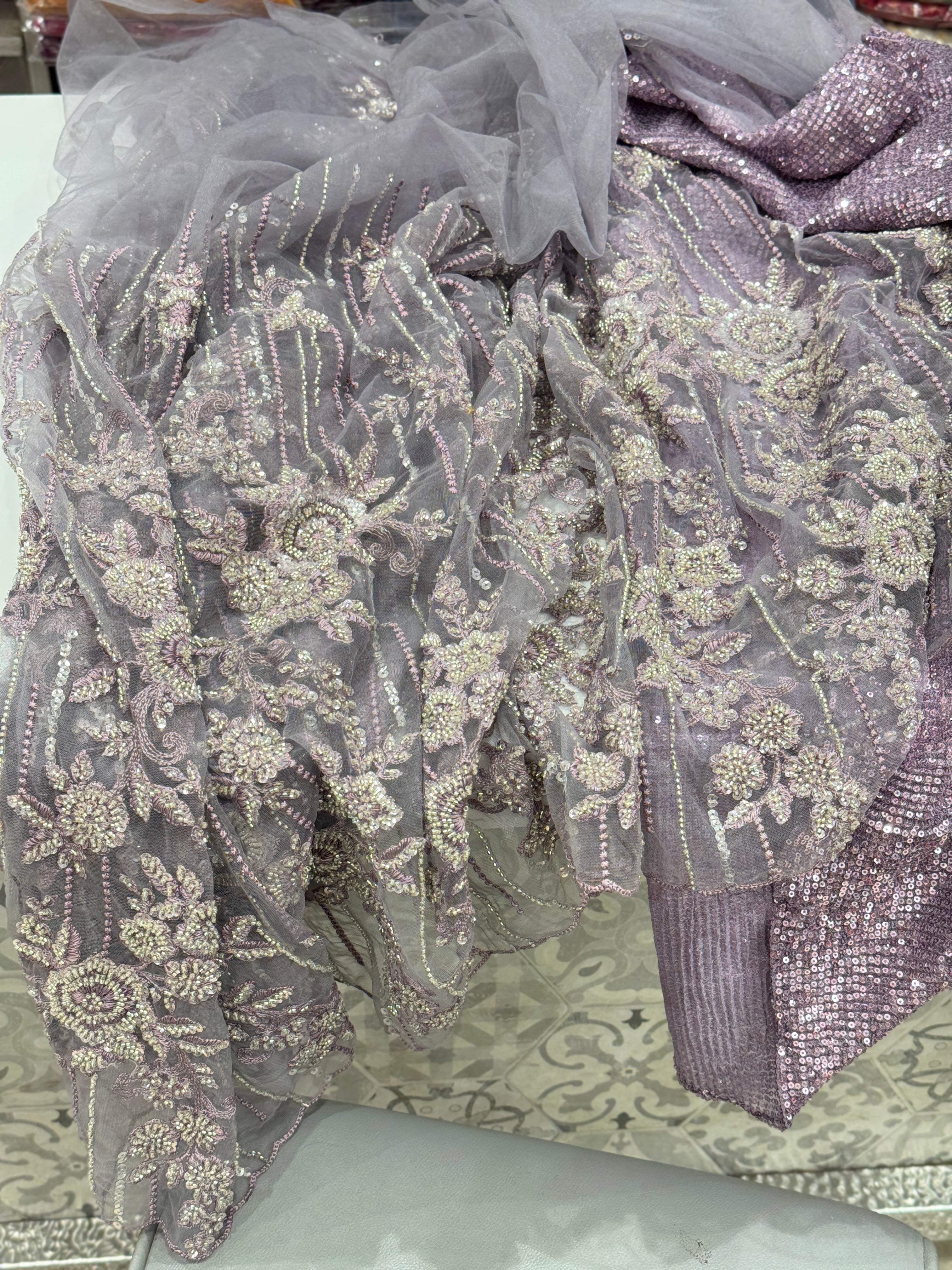 Lilac Embroidery Net Half and Half Saree