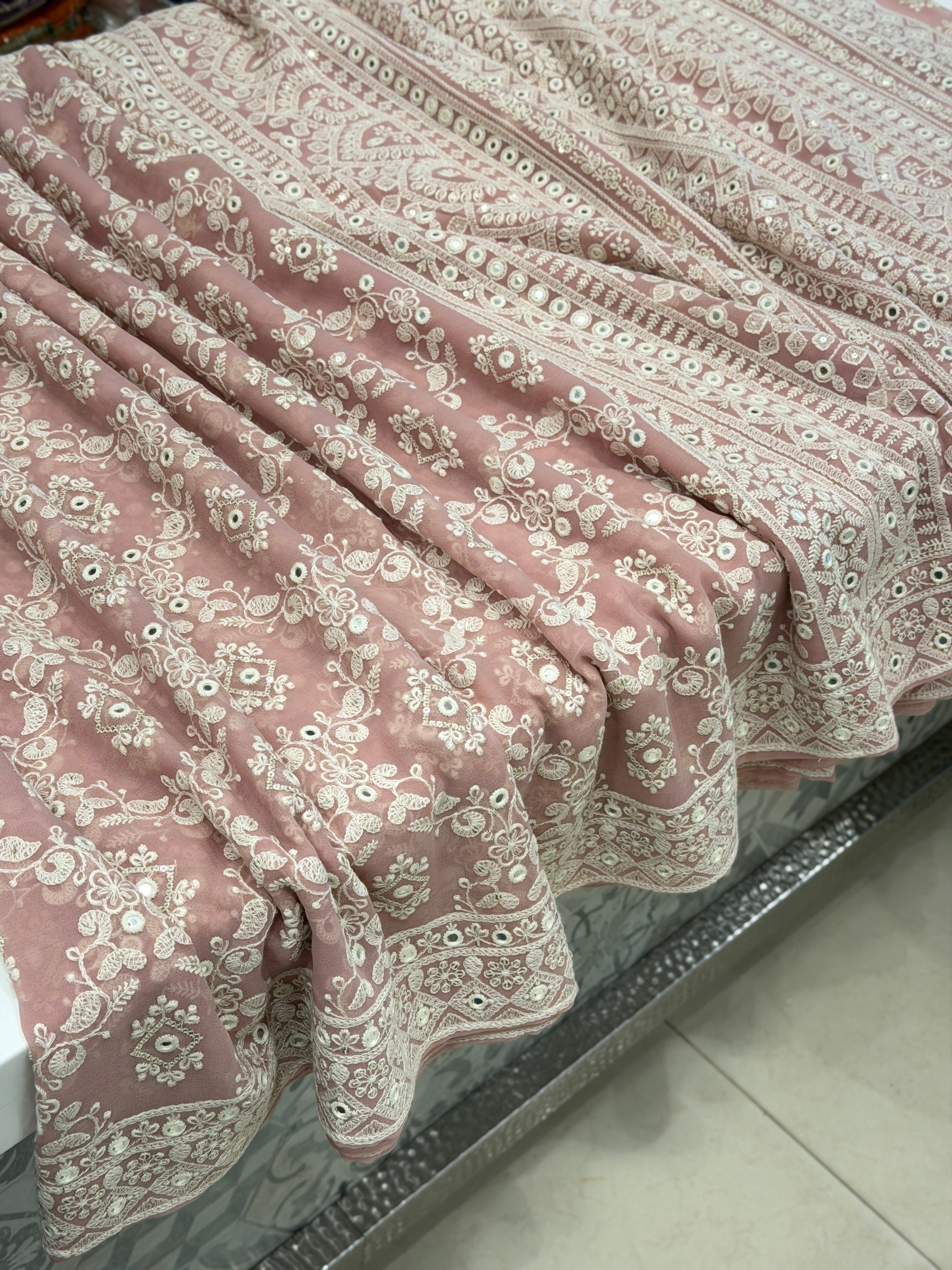 Blush Pink Georgette Chikankari Gota Mirror Resham Saree
