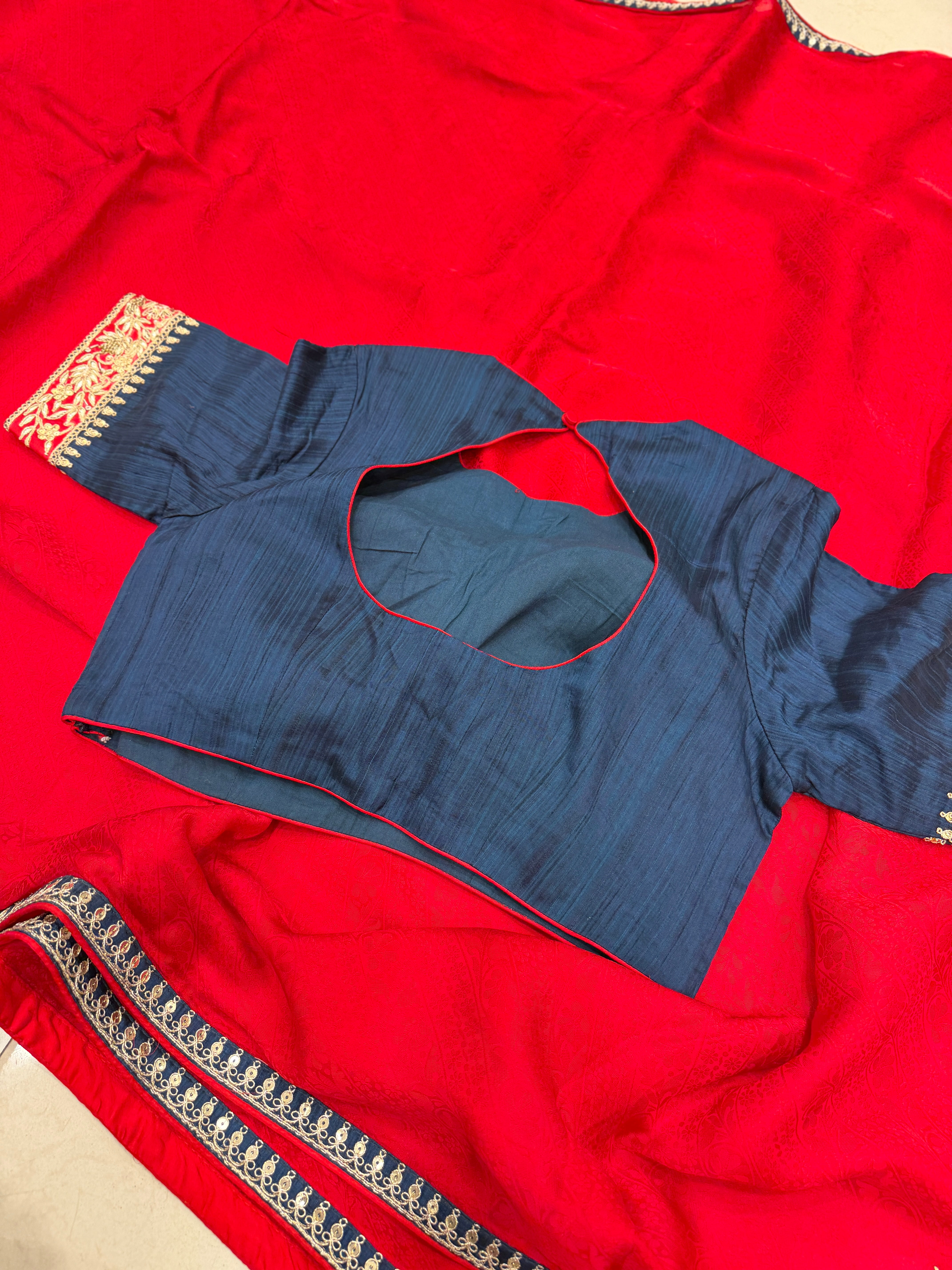 Red Jaquard Crepe Saree with Gotapatti Marodi Stitched Blouse