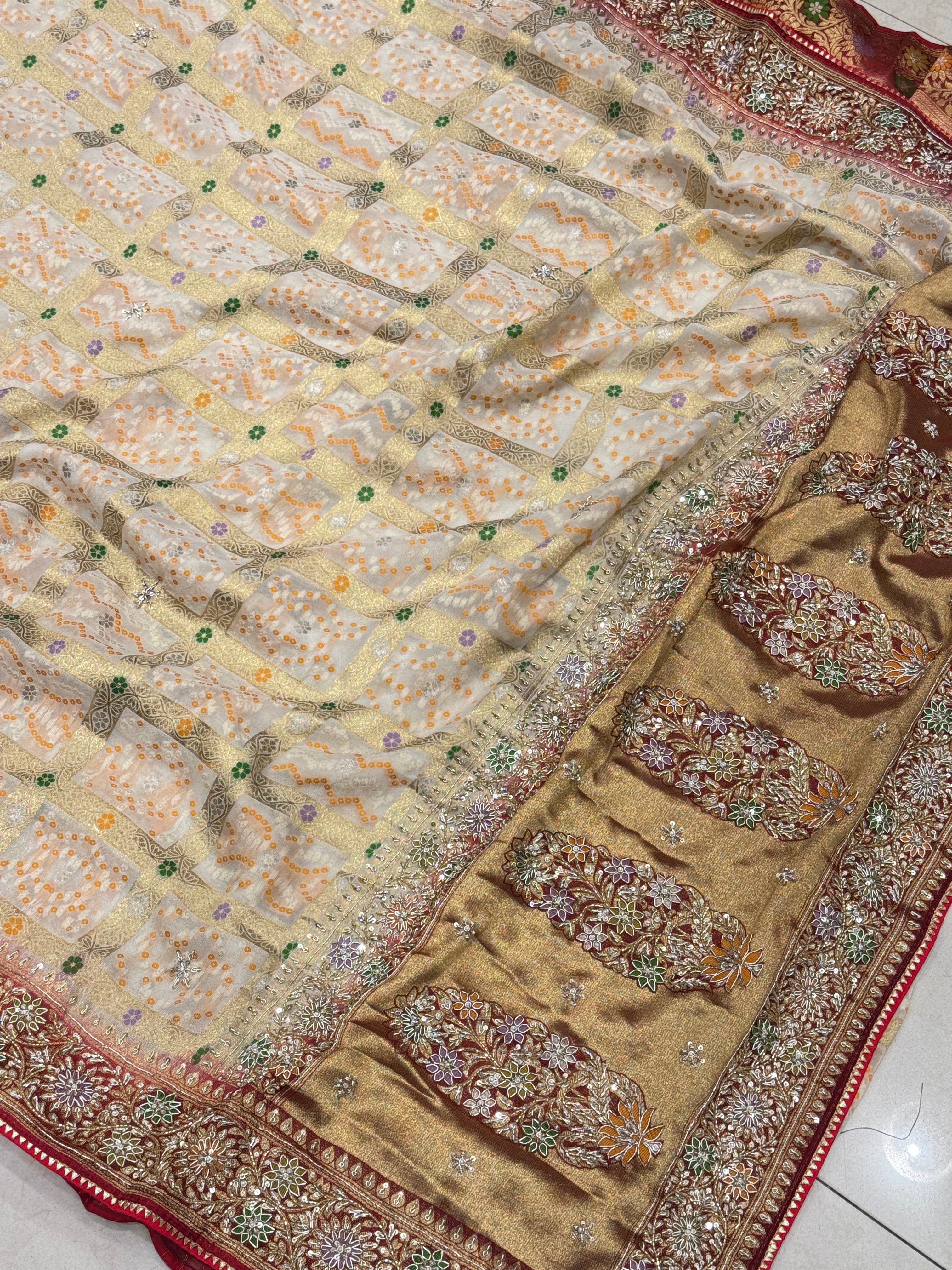 Beige Red Meenakari Gharchola Zardosi Embroidery Saree