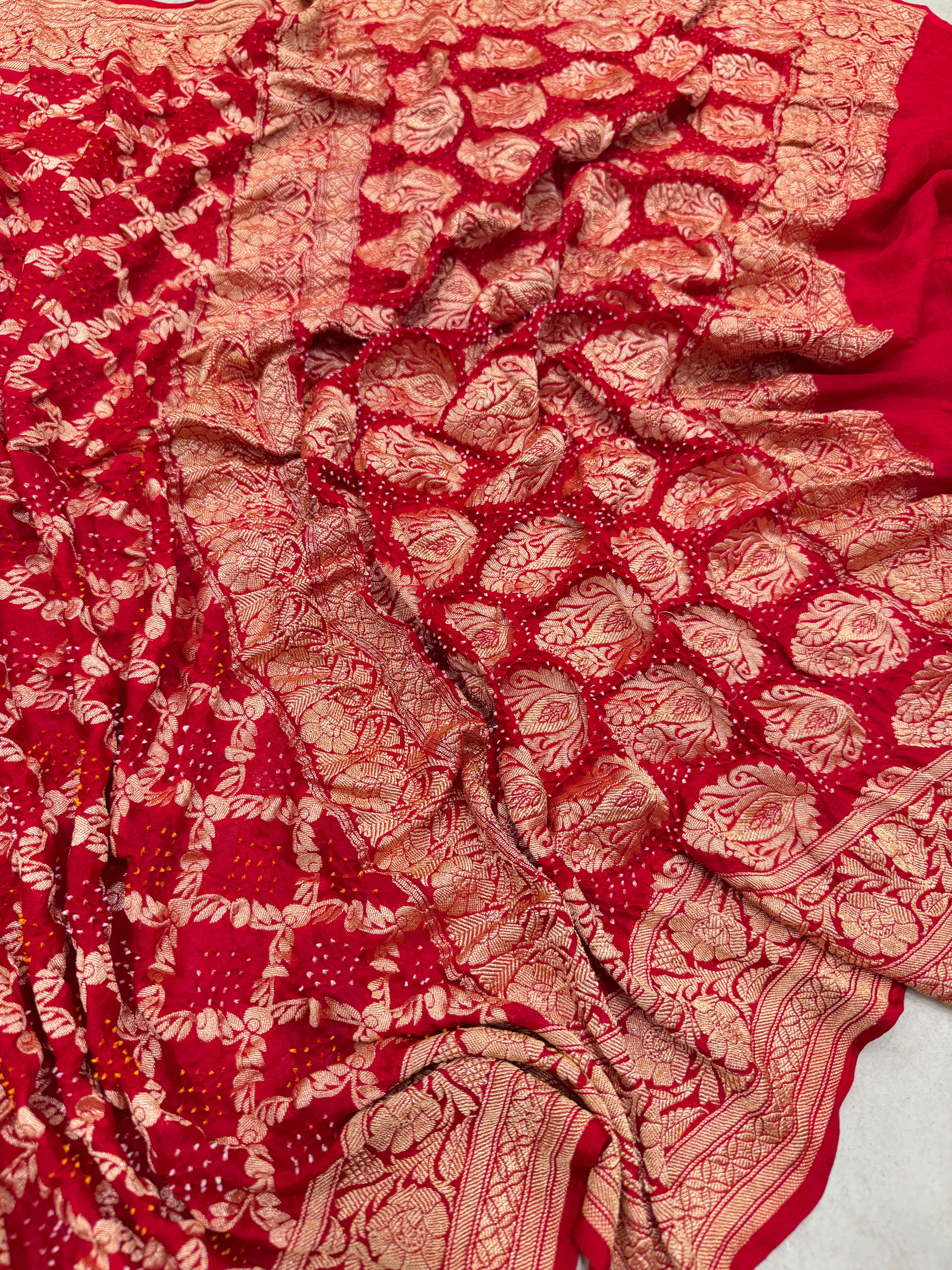 Pure Red Bandhej Bandhini Saree