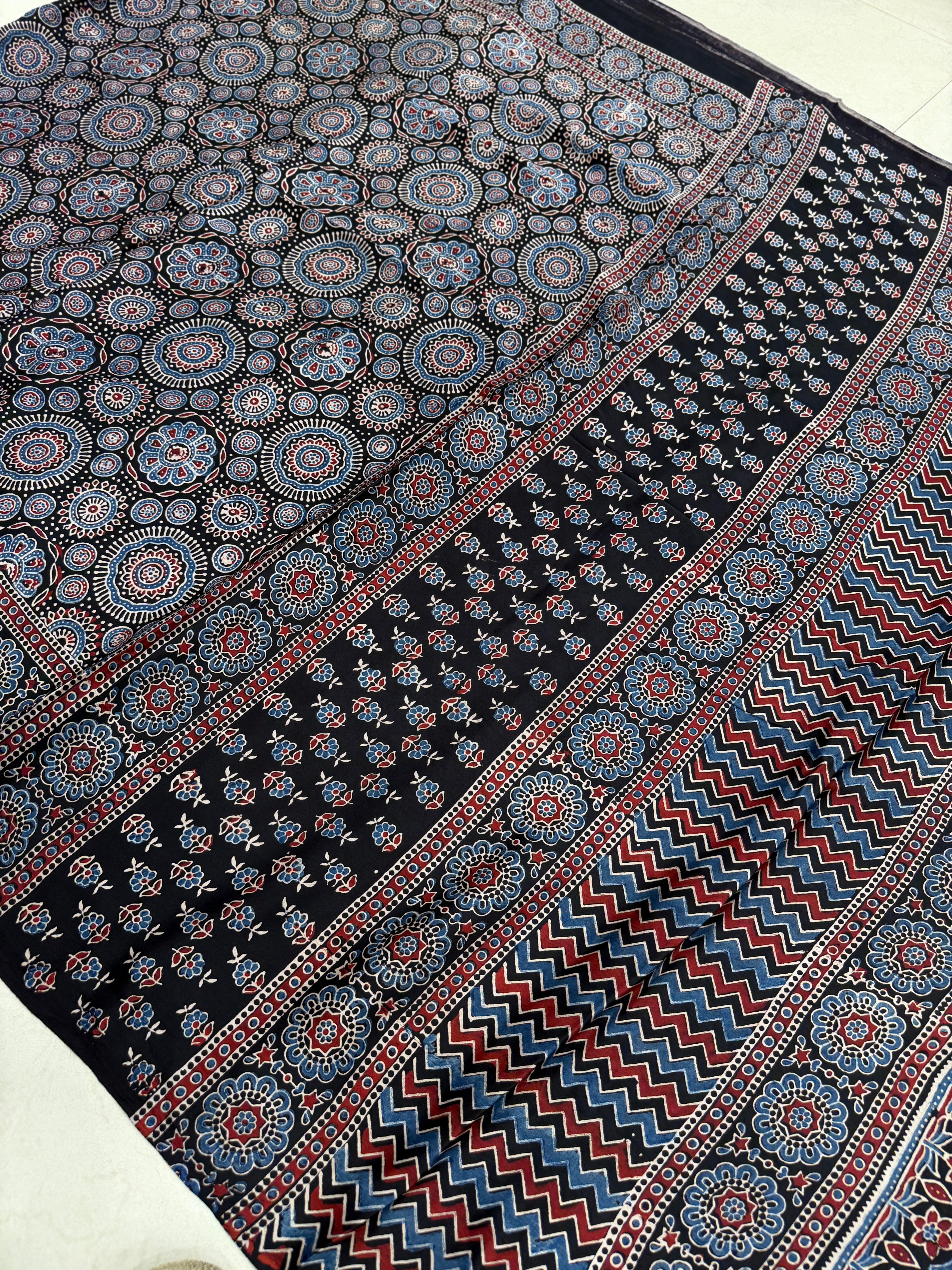 Black Gol Jaal Ajrakh Hand Block Print Pure Gajji Silk Saree