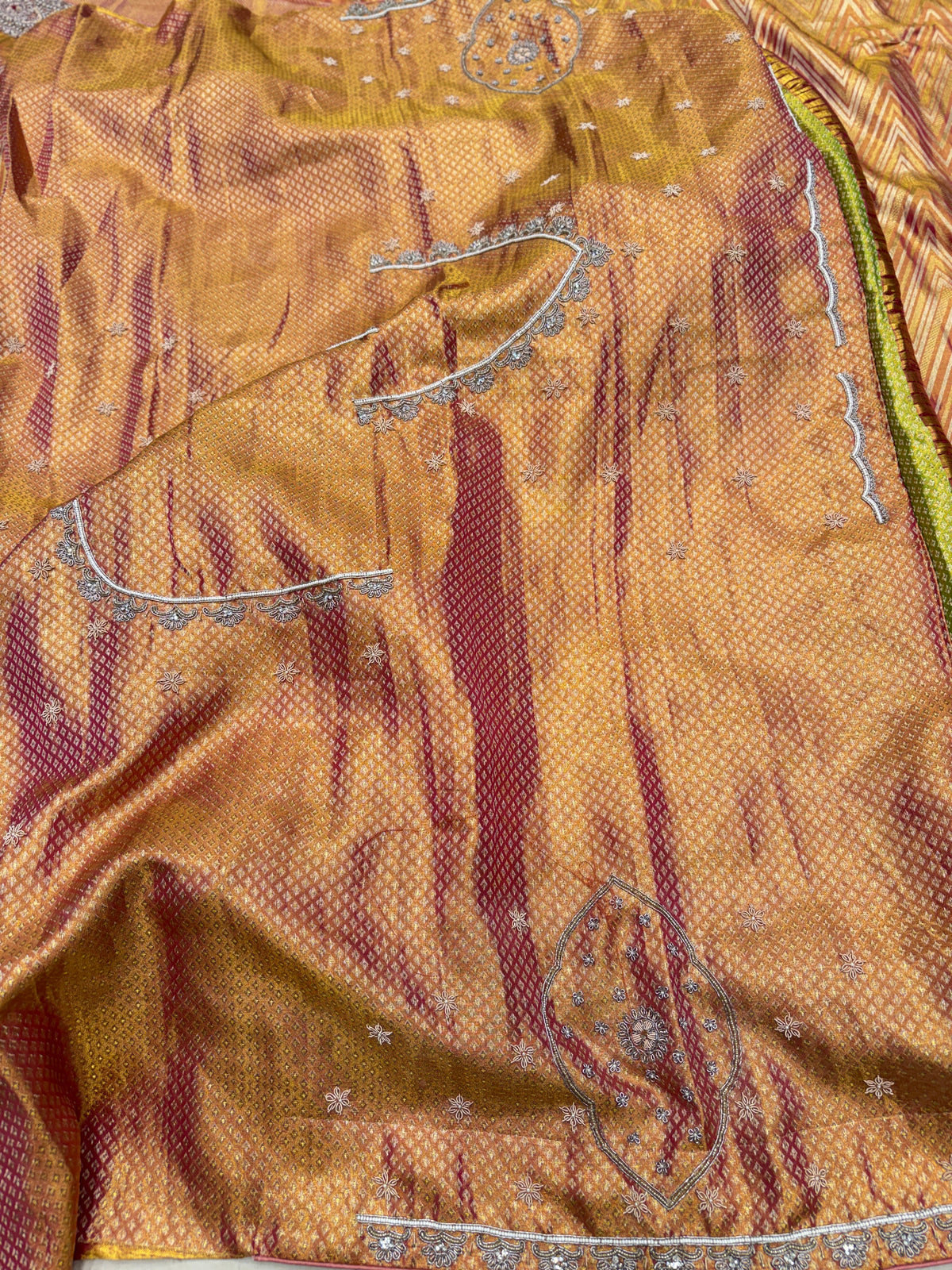 Contemporary Tissue Kanjivaram Zardosi Moti Hand Embroidery Saree