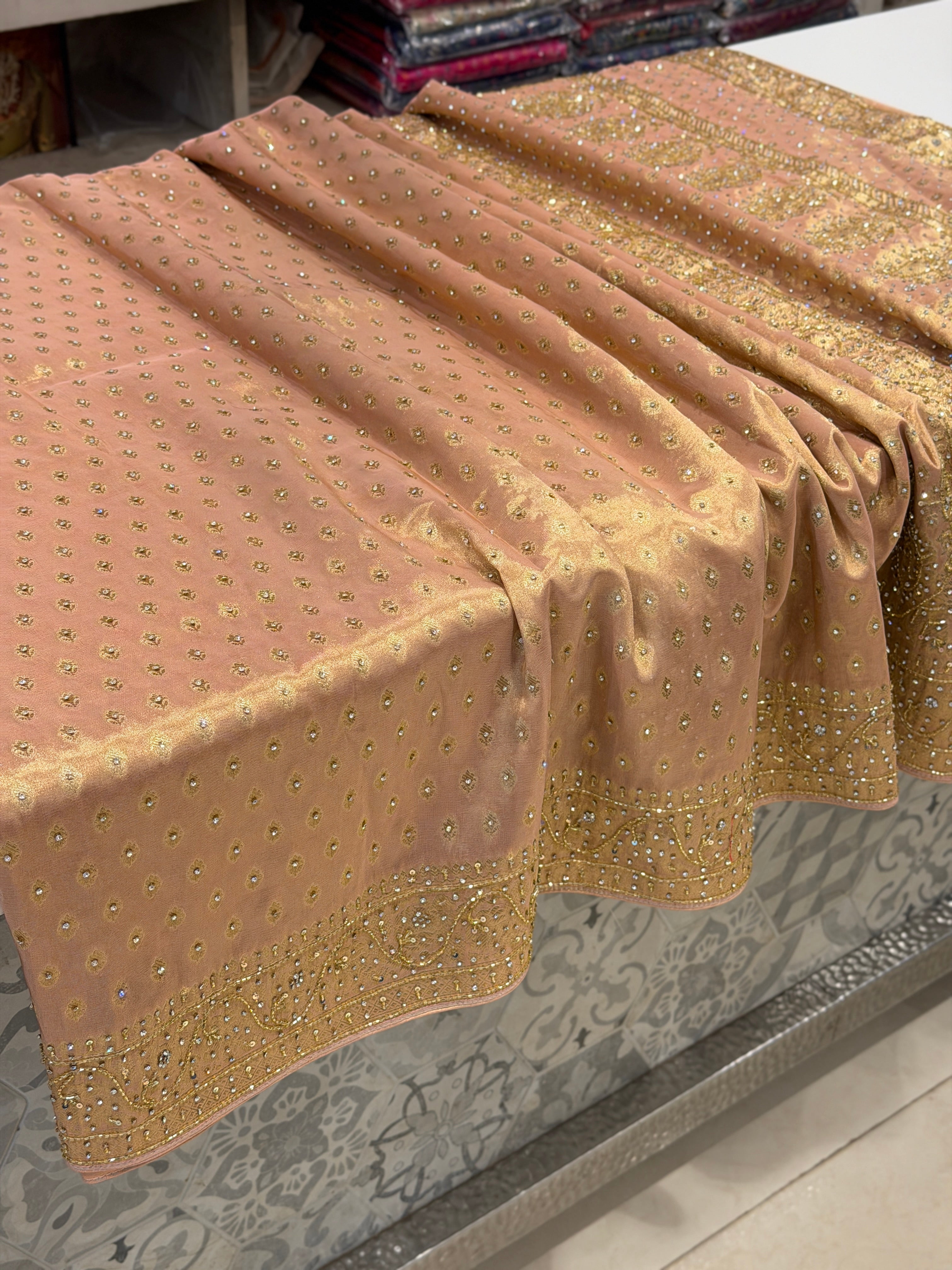 Pink Tissue Buttis Stones Hand Embroidery Saree