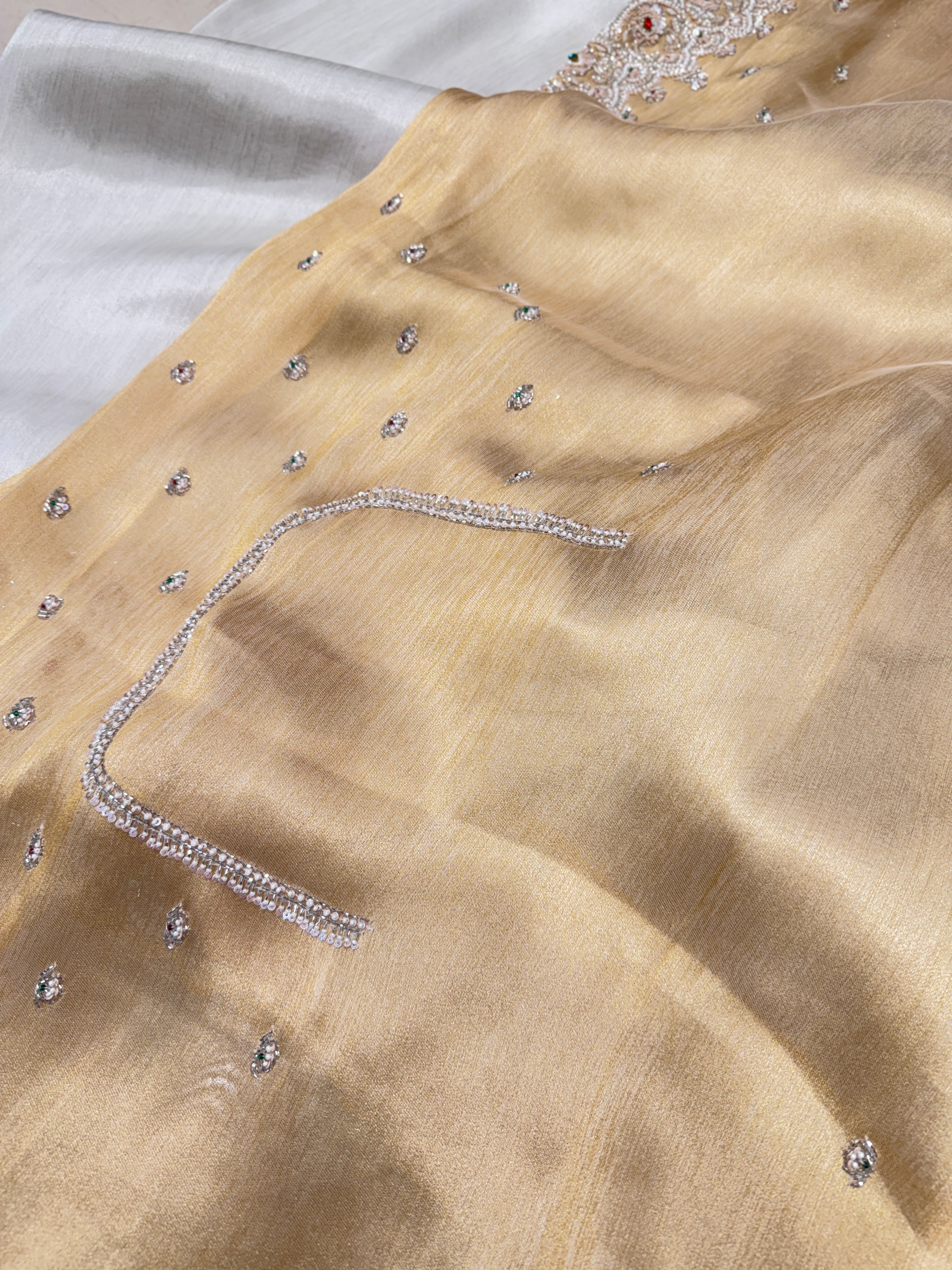 Silver Gold Tissue Hand Embroidery Crystal Embroidery Saree