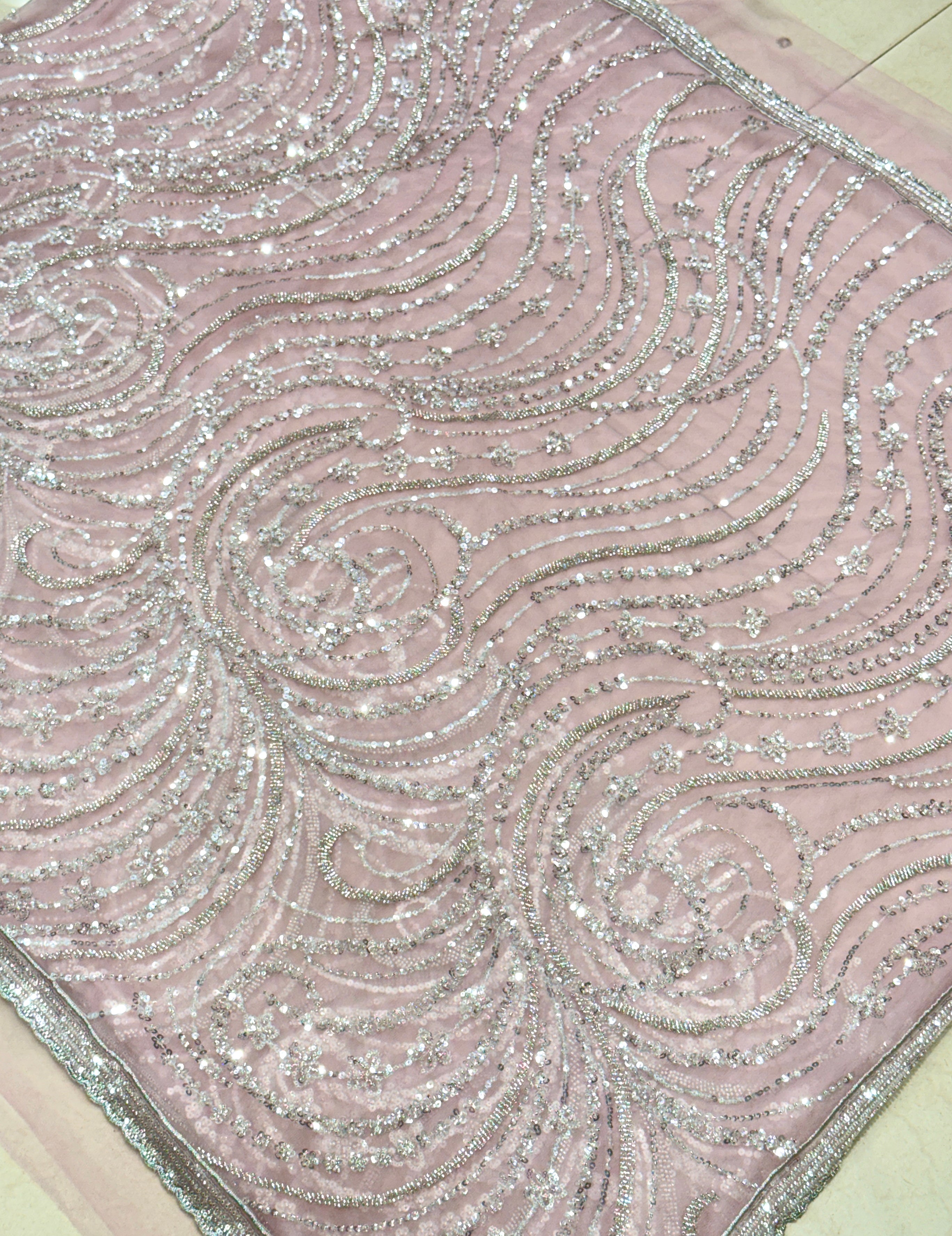 Pink Soft Net Sequin Moti Embroidery Saree