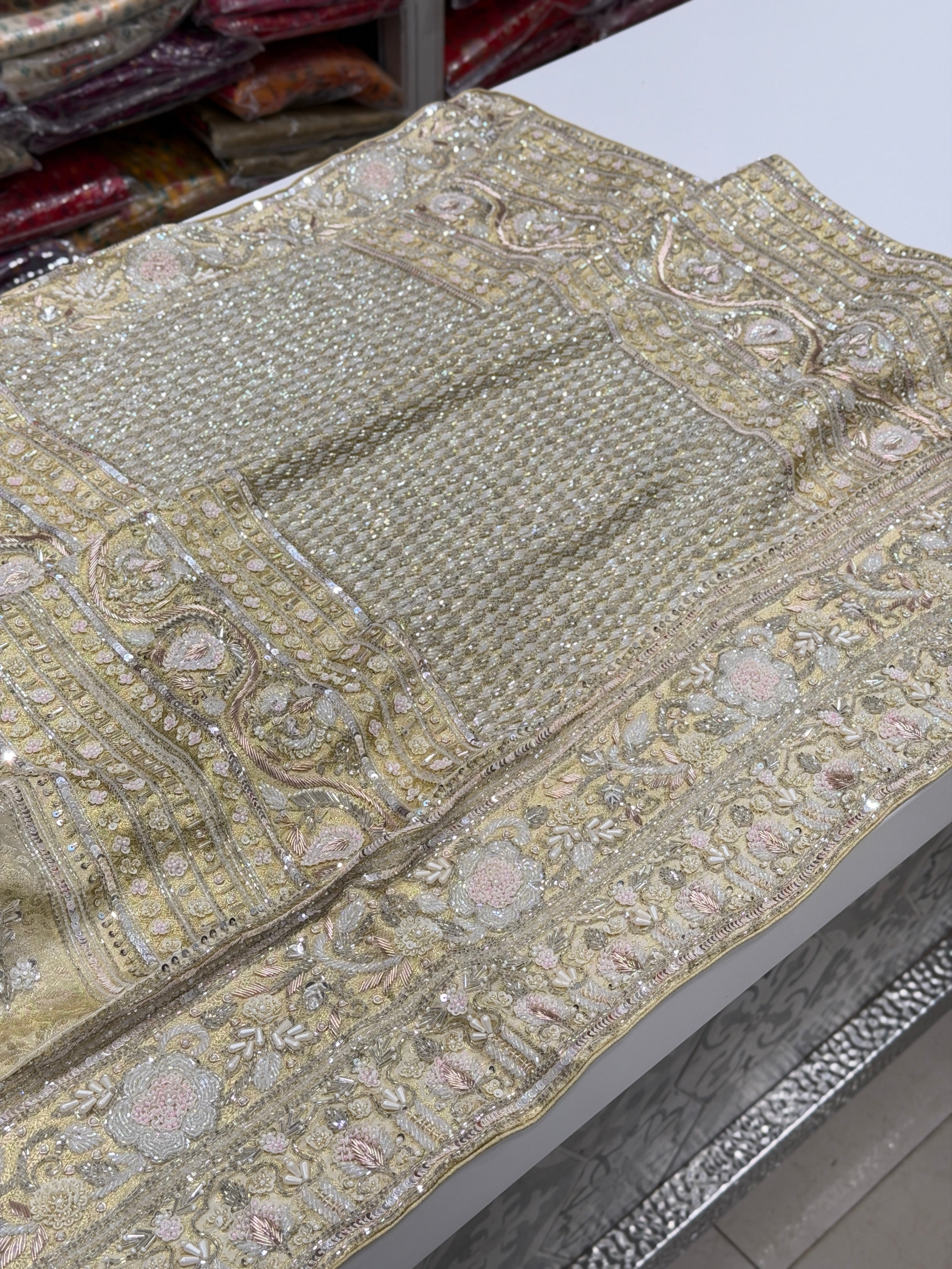 Light Golden Kanjivaram Moti Zardosi Hand Embroidery Saree