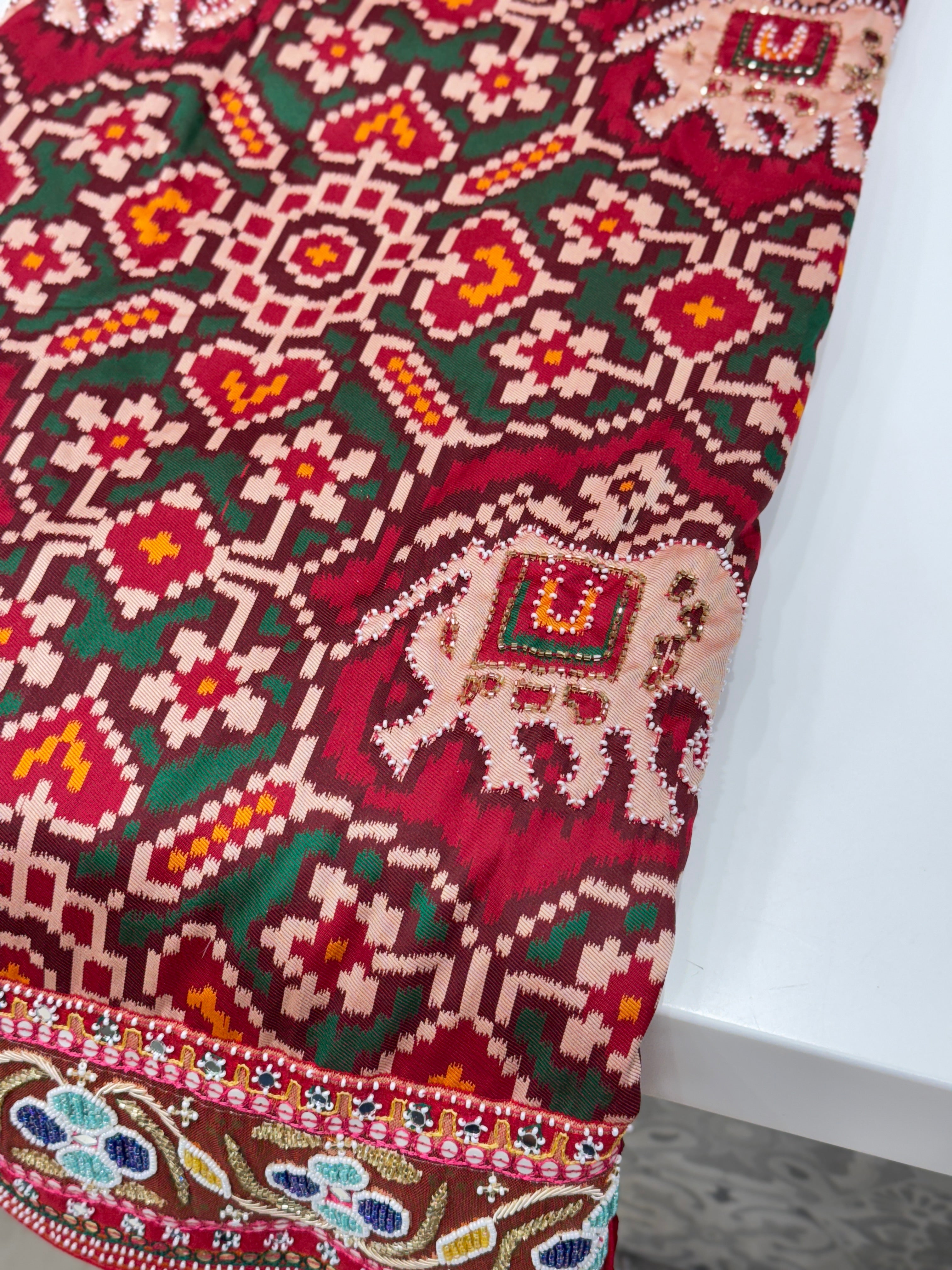 Maroon Patola Moti Zardosi Embroidery Saree