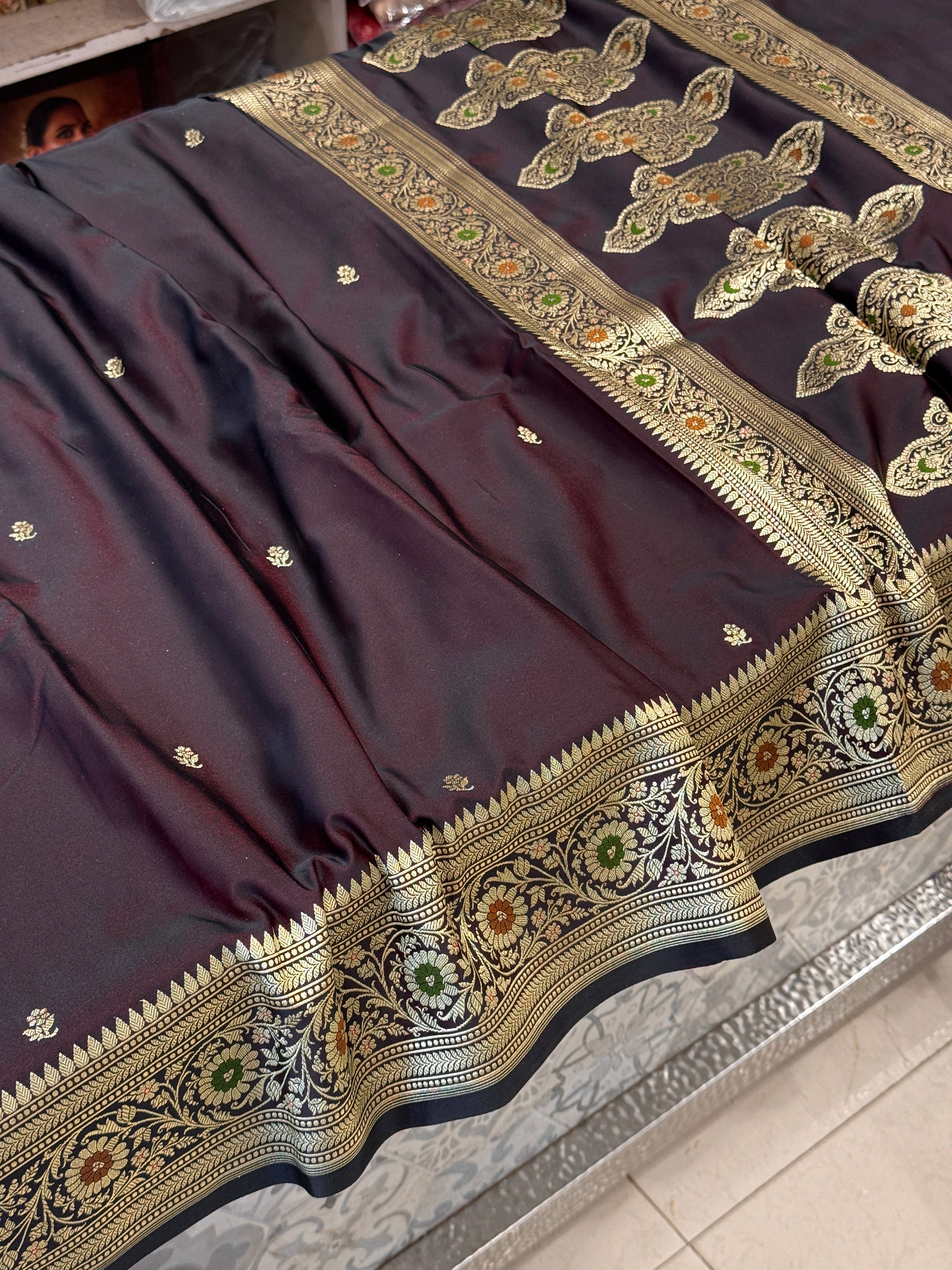 Browish Red Banarasi Silk Floral Buttis Meenakari Border Silk Saree