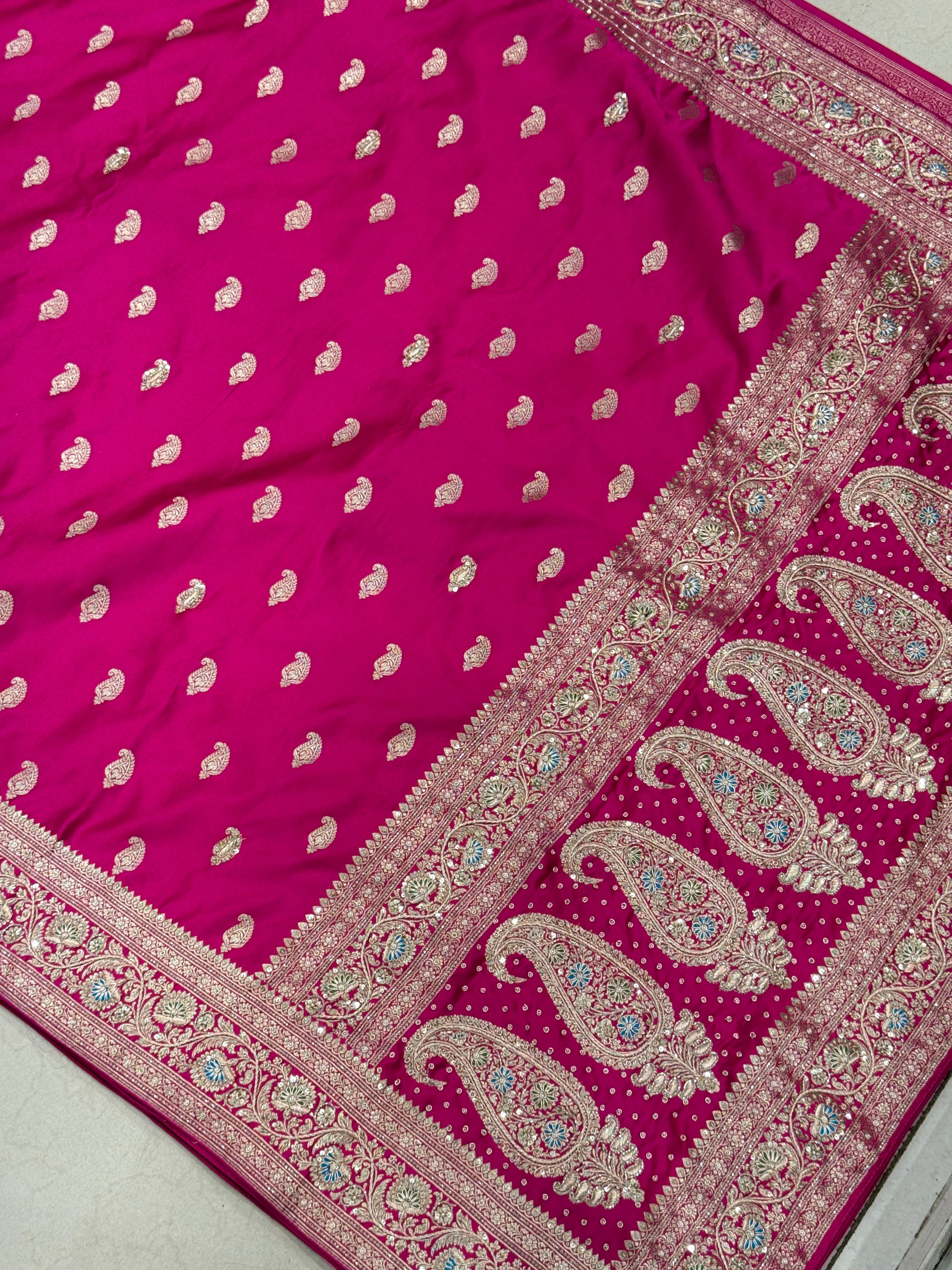 Rani Banarasi Silk Meenakari Border Hand Embroidery Saree