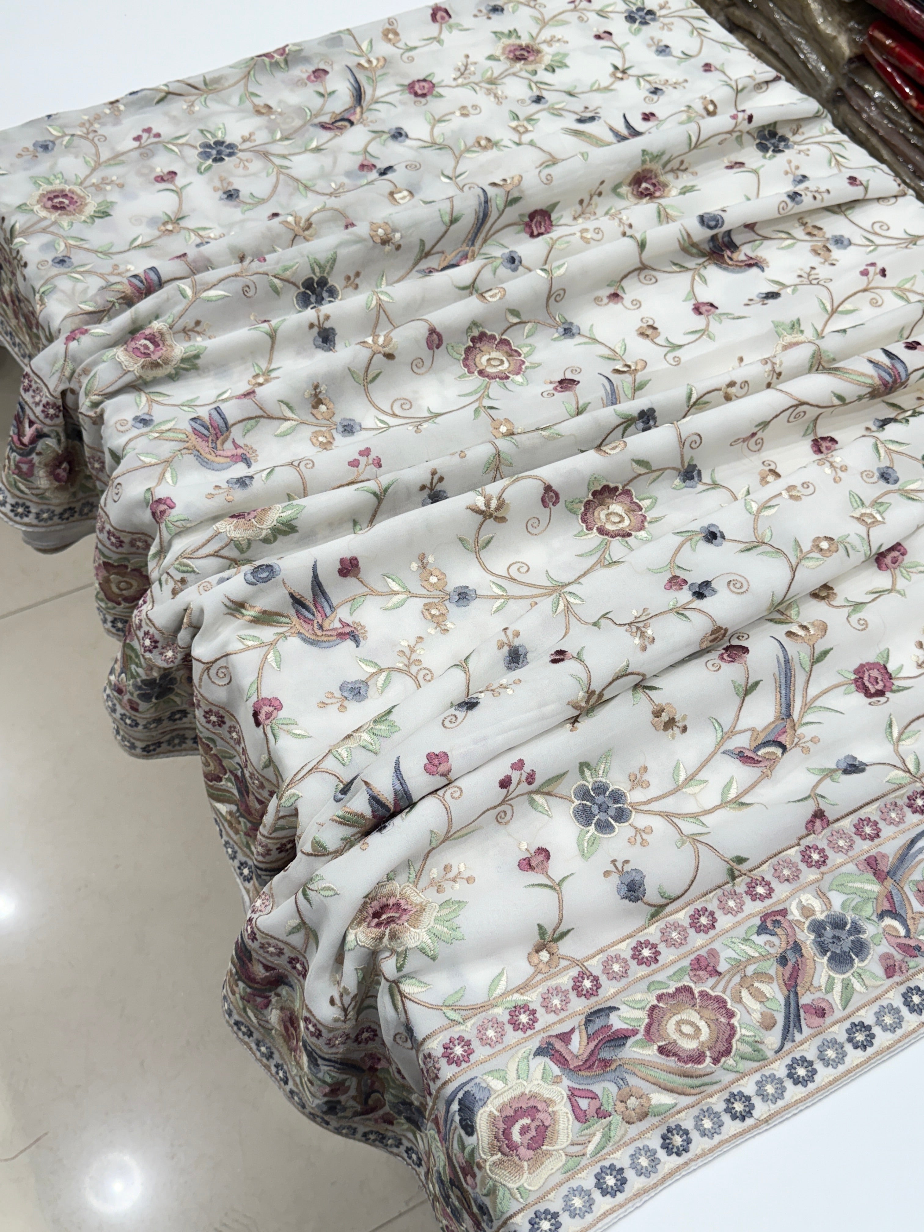 White Georgette Multi Colour Jaal Floral Parsi Gara Saree