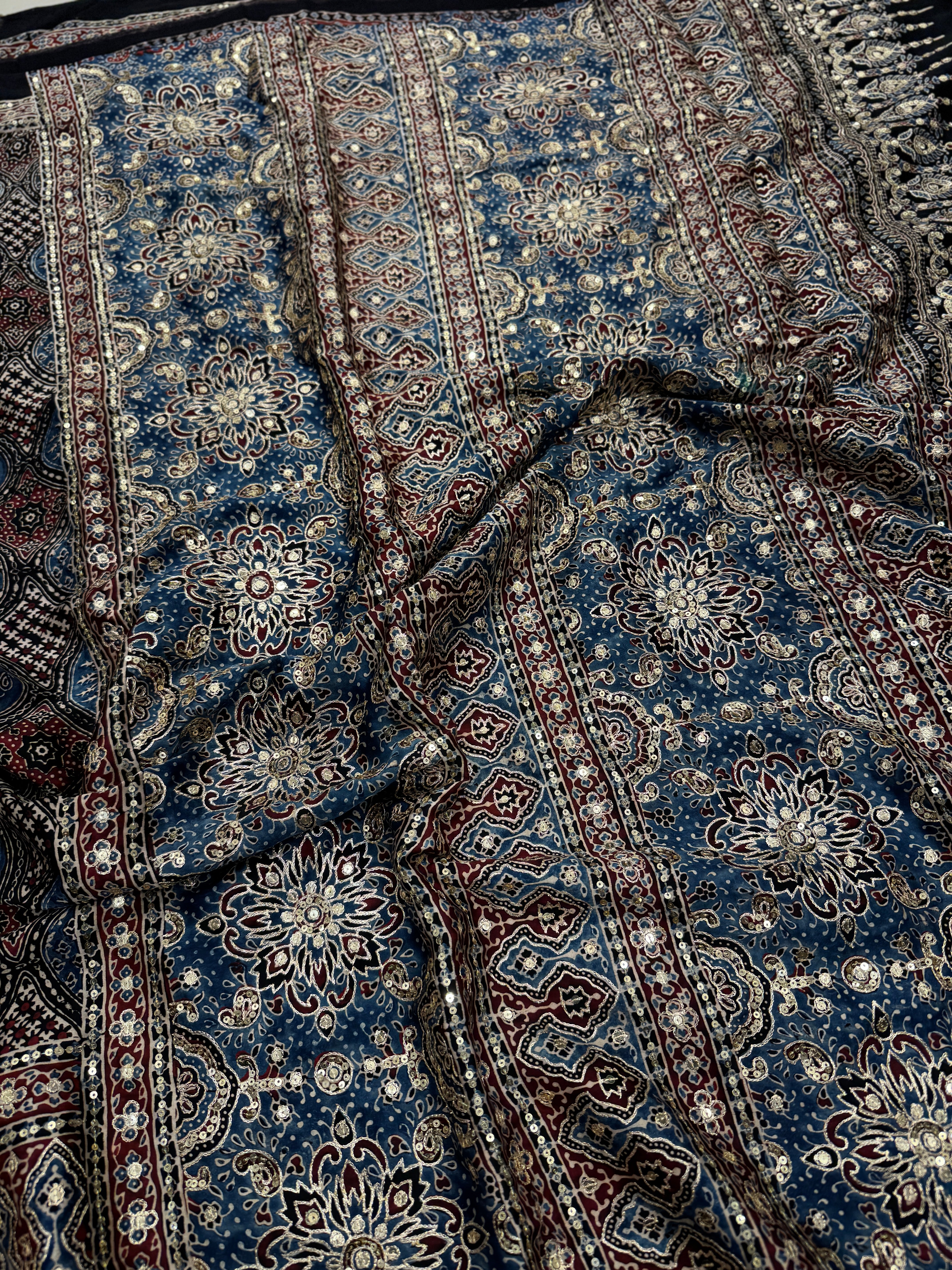 Blue Badam Abstract Jaal Pita Sequin Ajrakh Hand Embroidery Saree
